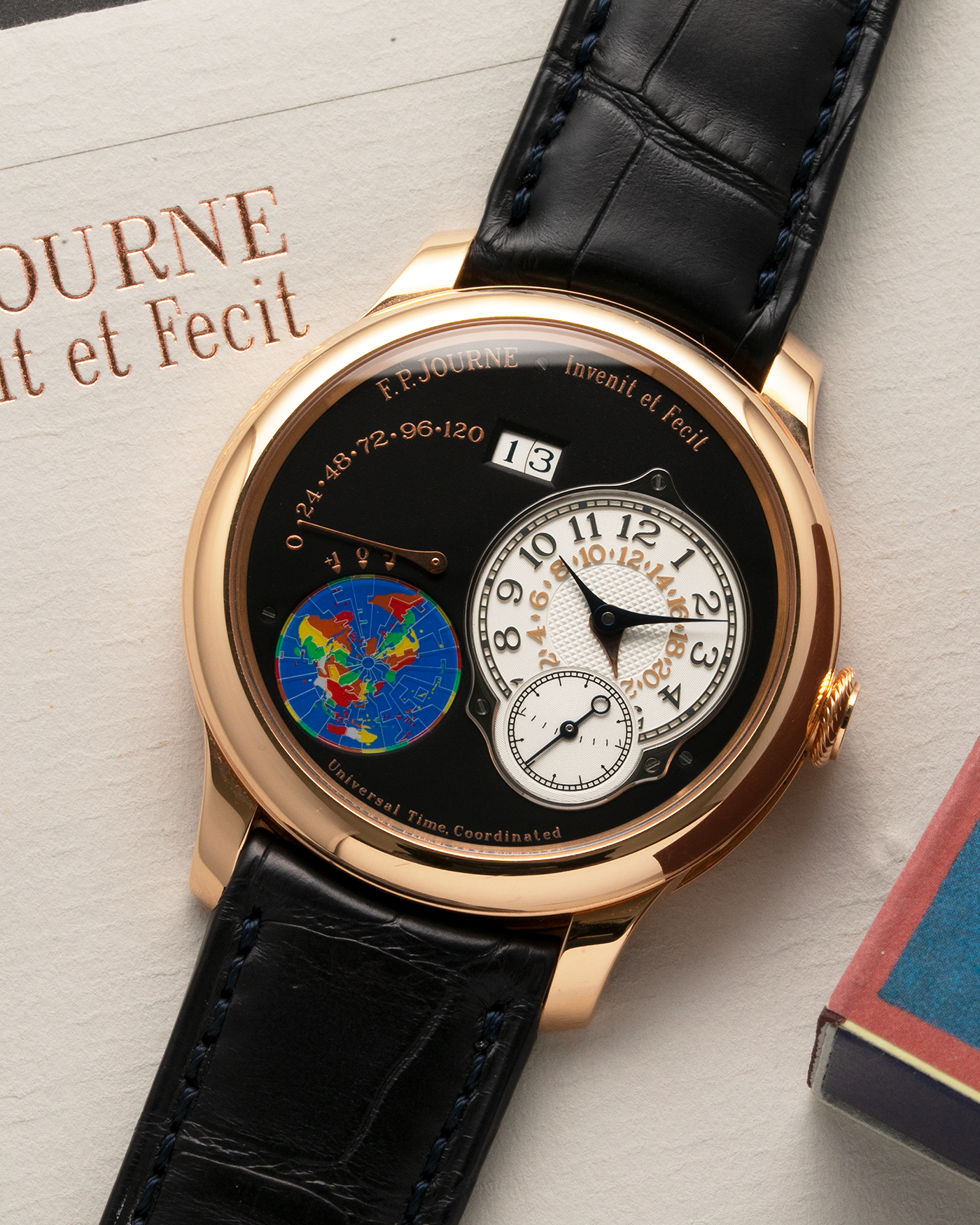 Brand: F. P. Journe. Year: 2020 Model: Octa UTC Material: 18-carat Rose Gold Movement: FPJ Cal. 1300-3 in 18-carat Rose Gold, Self-Winding Case Diameter: 40mm Bracelet / Strap: F. P. Journe Navy Black Alligator and 18-carat Rose Gold Signed Tang Buckle with additional F. P. Journe Aegean Blue Alligator Leather Strap, and Cobalt Blue Alligator Leather Strap. 
