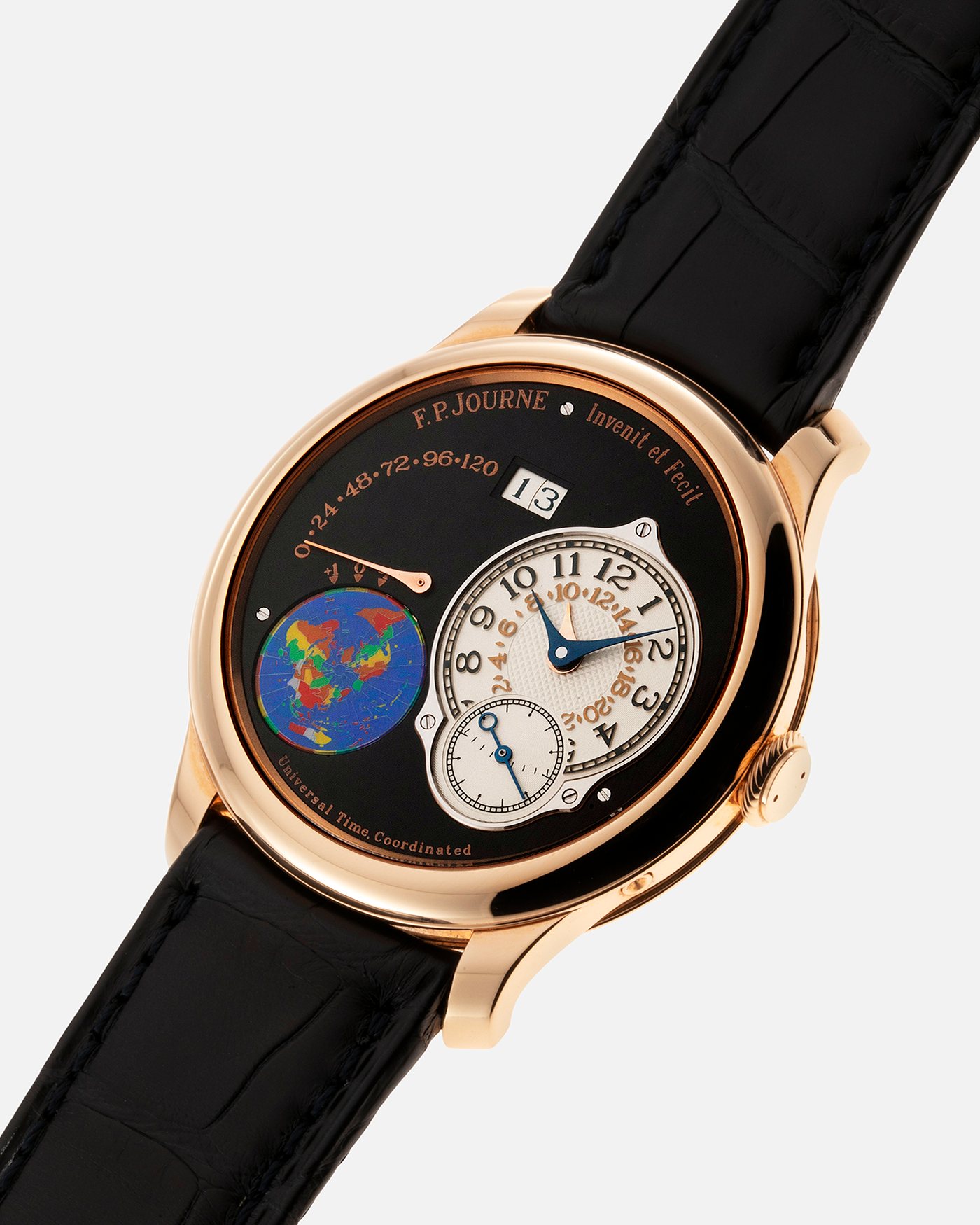 Brand: F. P. Journe. Year: 2020 Model: Octa UTC Material: 18-carat Rose Gold Movement: FPJ Cal. 1300-3 in 18-carat Rose Gold, Self-Winding Case Diameter: 40mm Bracelet / Strap: F. P. Journe Navy Black Alligator and 18-carat Rose Gold Signed Tang Buckle with additional F. P. Journe Aegean Blue Alligator Leather Strap, and Cobalt Blue Alligator Leather Strap. 