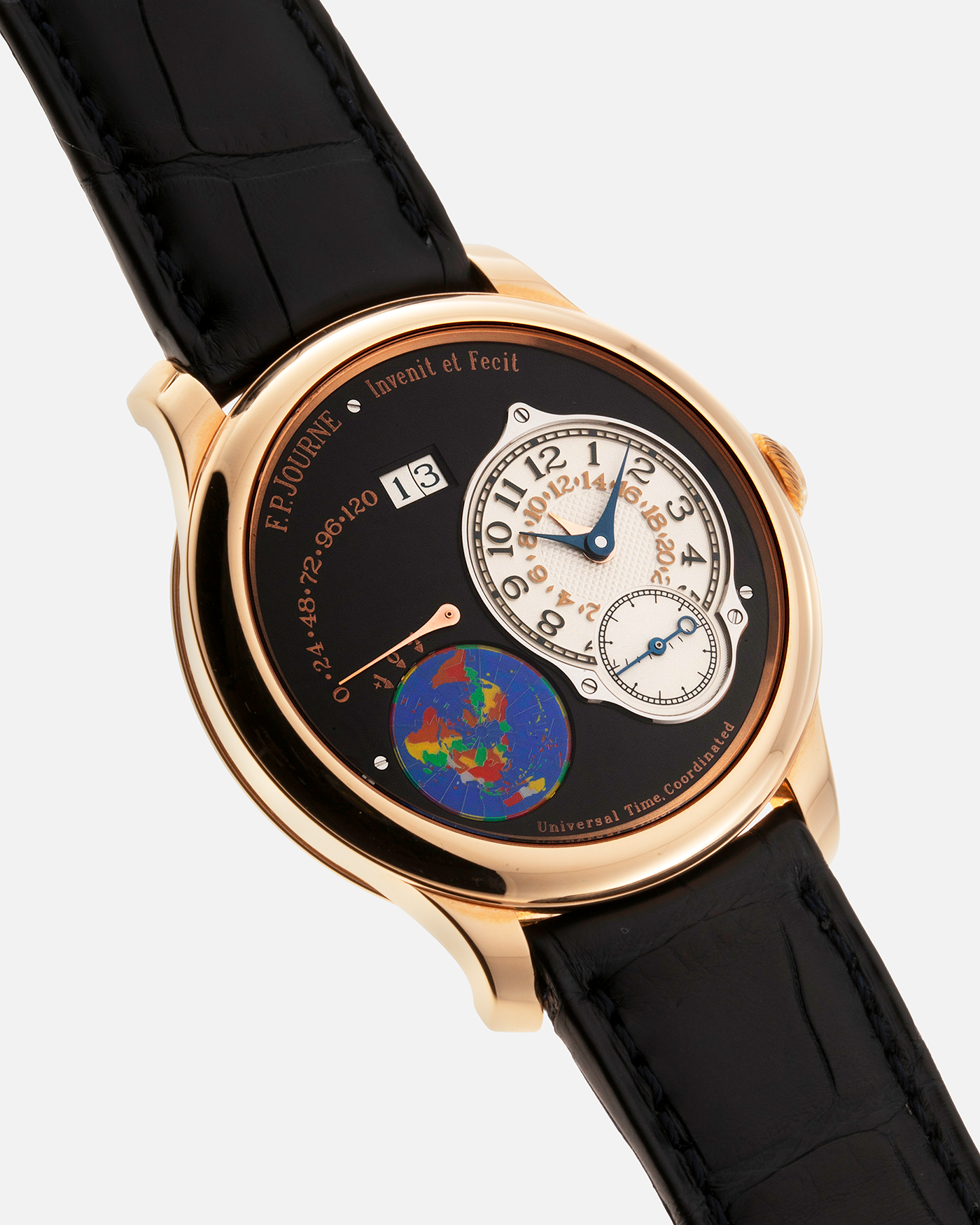 Brand: F. P. Journe. Year: 2020 Model: Octa UTC Material: 18-carat Rose Gold Movement: FPJ Cal. 1300-3 in 18-carat Rose Gold, Self-Winding Case Diameter: 40mm Bracelet / Strap: F. P. Journe Navy Black Alligator and 18-carat Rose Gold Signed Tang Buckle with additional F. P. Journe Aegean Blue Alligator Leather Strap, and Cobalt Blue Alligator Leather Strap. 