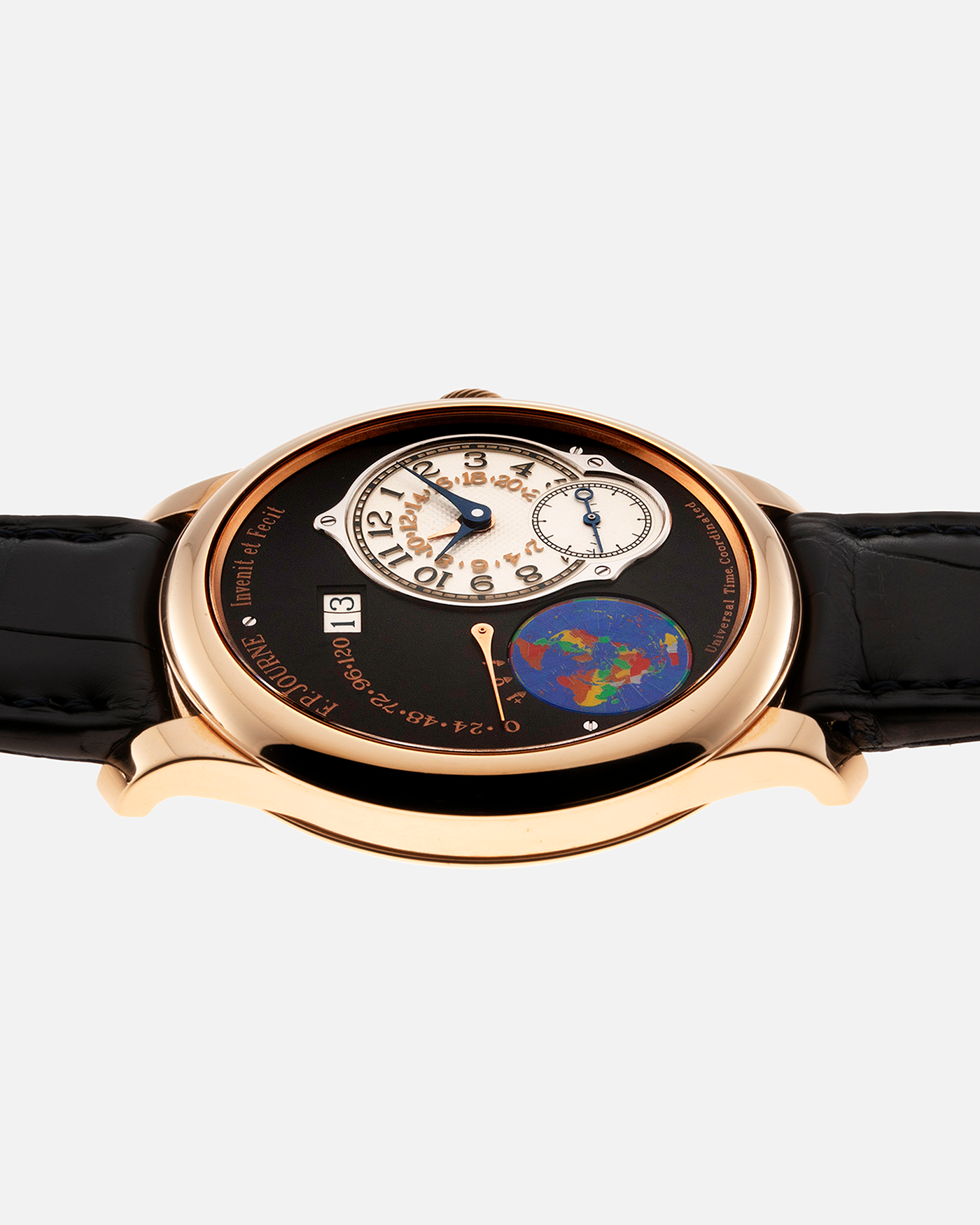 Brand: F. P. Journe. Year: 2020 Model: Octa UTC Material: 18-carat Rose Gold Movement: FPJ Cal. 1300-3 in 18-carat Rose Gold, Self-Winding Case Diameter: 40mm Bracelet / Strap: F. P. Journe Navy Black Alligator and 18-carat Rose Gold Signed Tang Buckle with additional F. P. Journe Aegean Blue Alligator Leather Strap, and Cobalt Blue Alligator Leather Strap. 