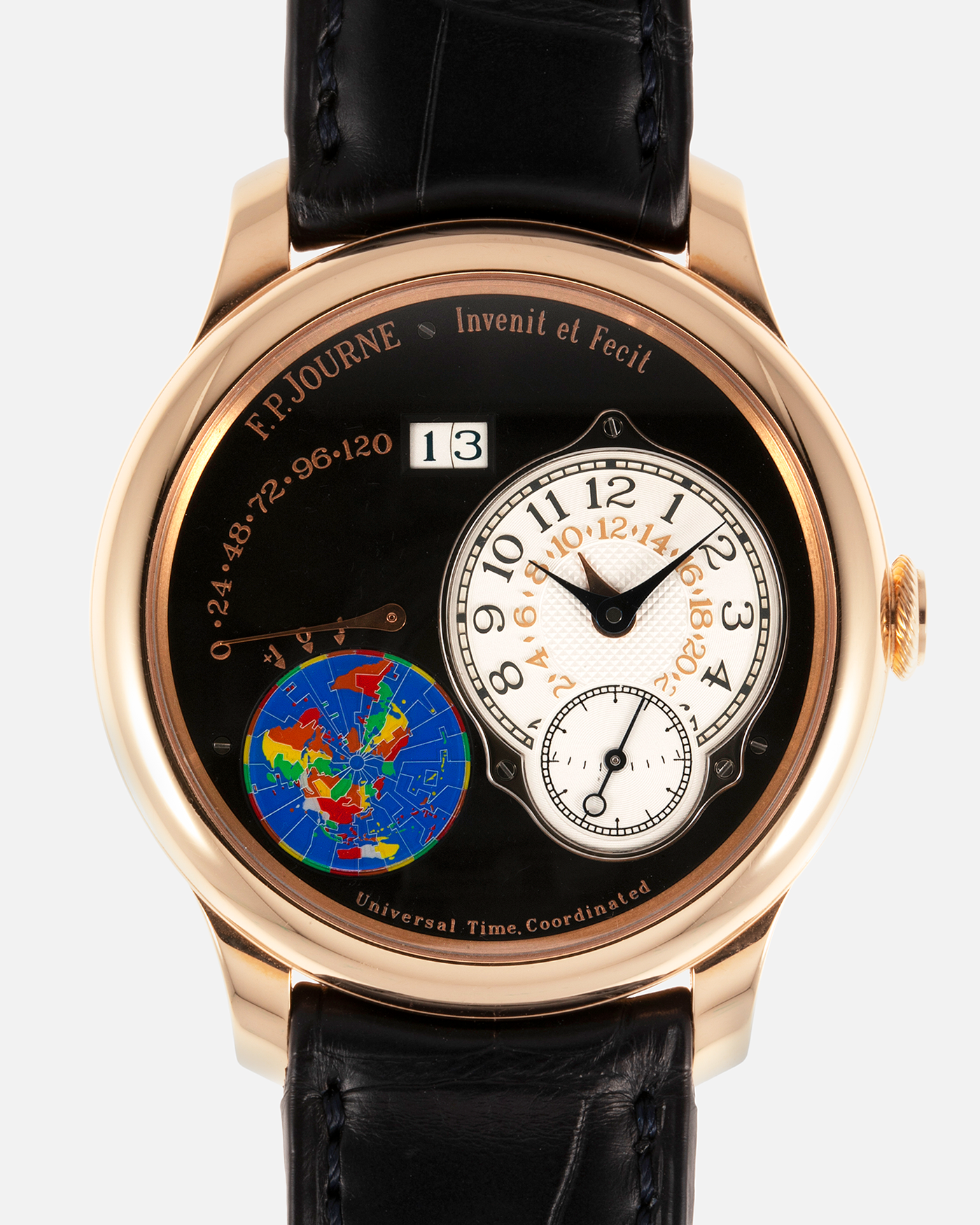 Brand: F. P. Journe. Year: 2020 Model: Octa UTC Material: 18-carat Rose Gold Movement: FPJ Cal. 1300-3 in 18-carat Rose Gold, Self-Winding Case Diameter: 40mm Bracelet / Strap: F. P. Journe Navy Black Alligator and 18-carat Rose Gold Signed Tang Buckle with additional F. P. Journe Aegean Blue Alligator Leather Strap, and Cobalt Blue Alligator Leather Strap. 