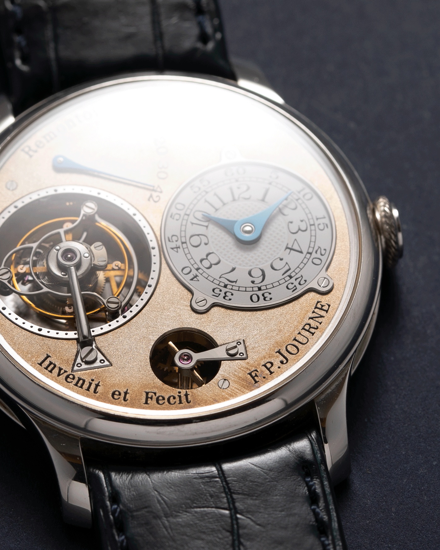 Brand: F.P. Journe Year: 2003 Model: Tourbillon Souverain Material: Platinum Movement: FPJ Caliber 1498 (One second remontoir d’egalite) Case Diameter: 38mm Bracelet/Strap: F.P. Journe Navy Blue Alligator and Platinum Signed Tang Buckle