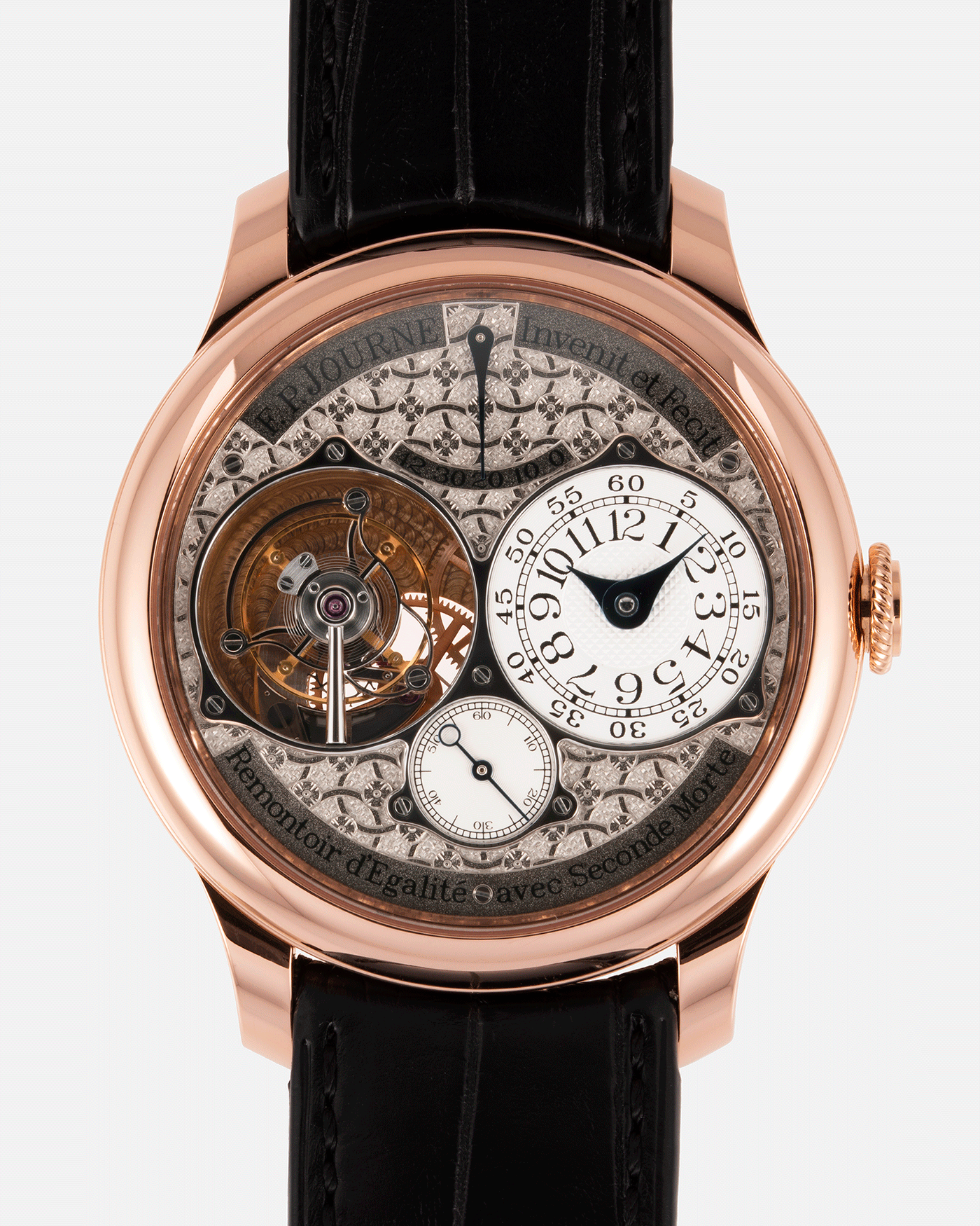 Brand: F.P. Journe Year: 2019 Model: Tourbillon Souverain Regence Circulaire Material: Rose Gold Movement: Calibre F.P.Journe 1403 Case Diameter: 40mm Bracelet/Strap: F.P. Journe Navy Black Alligator and Rose Gold Signed Tang Buckle