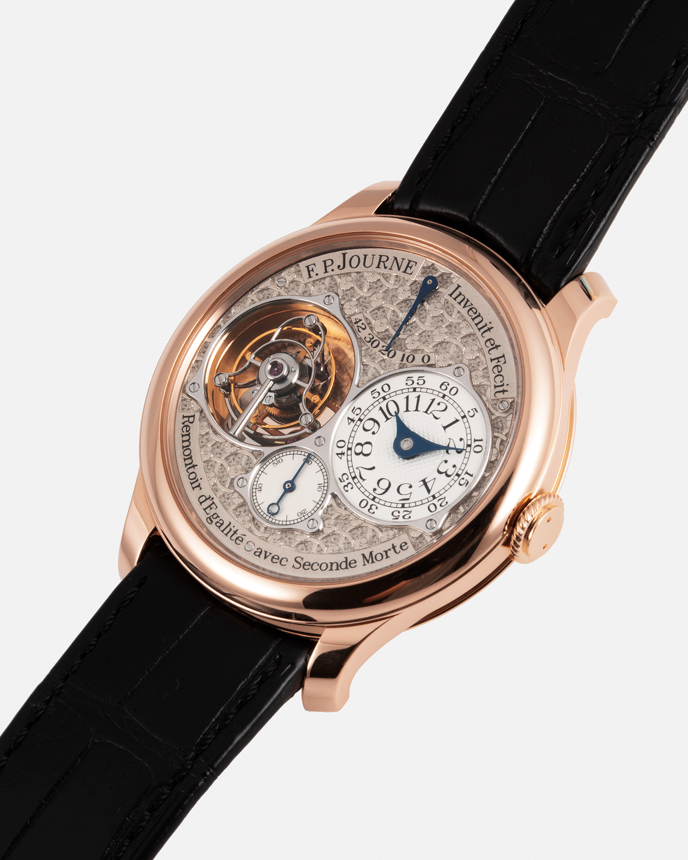 Brand: F.P. Journe Year: 2019 Model: Tourbillon Souverain Regence Circulaire Material: Rose Gold Movement: Calibre F.P.Journe 1403 Case Diameter: 40mm Bracelet/Strap: F.P. Journe Navy Black Alligator and Rose Gold Signed Tang Buckle