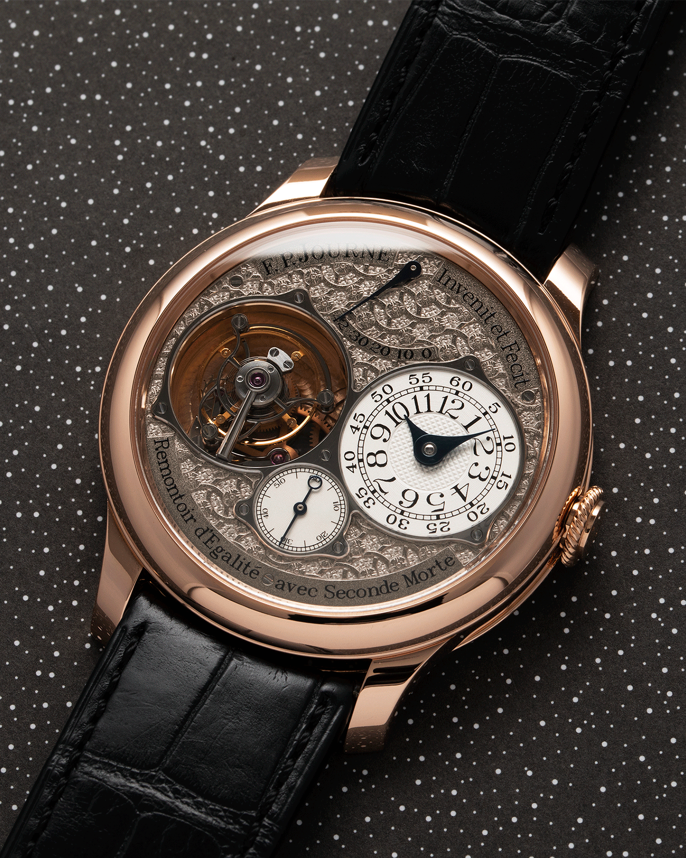 Brand: F.P. Journe Year: 2019 Model: Tourbillon Souverain Regence Circulaire Material: Rose Gold Movement: Calibre F.P.Journe 1403 Case Diameter: 40mm Bracelet/Strap: F.P. Journe Navy Black Alligator and Rose Gold Signed Tang Buckle