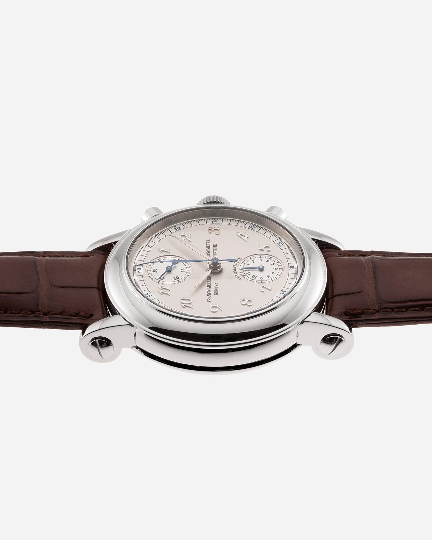 Brand: Franck Muller Year: 2000’s Model: 7000CC Chronograph Japan Limited Edition Material: Stainless Steel Movement: FM Cal. 7000 Case Diameter: 39mm Strap: Dark Brown Franck Muller Alligator Strap with Franck Muller Stainless Steel Buckle