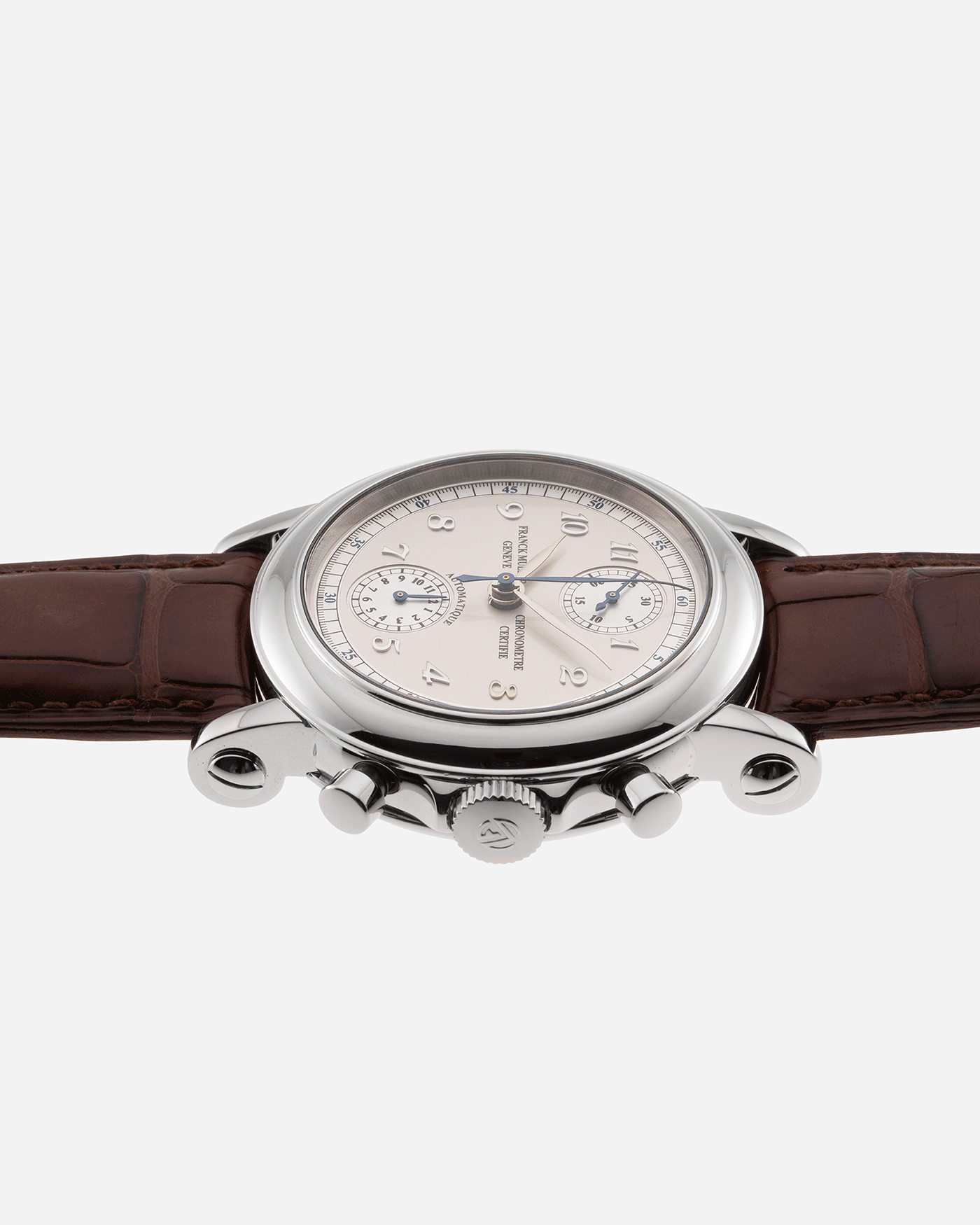 Brand: Franck Muller Year: 2000’s Model: 7000CC Chronograph Japan Limited Edition Material: Stainless Steel Movement: FM Cal. 7000 Case Diameter: 39mm Strap: Dark Brown Franck Muller Alligator Strap with Franck Muller Stainless Steel Buckle