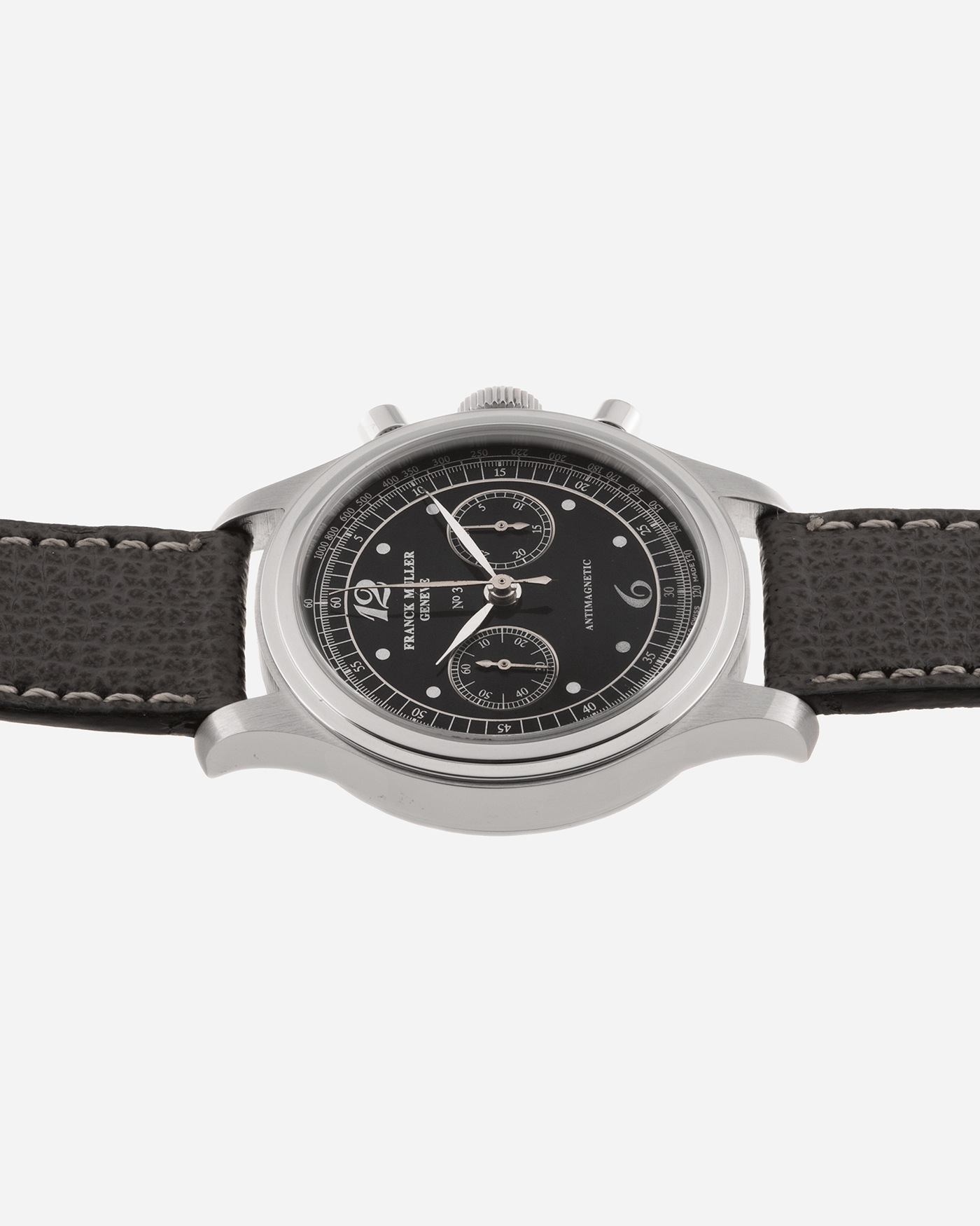 Brand: Franck Muller Year: 1990’s Model: Sport Limited Edition Chronograph Material: Stainless Steel Movement: Modified Lemania Cal. 1874 Case Diameter: 37mm Strap: Grey Analog Shift Leather Strap with Stainless Steel Buckle