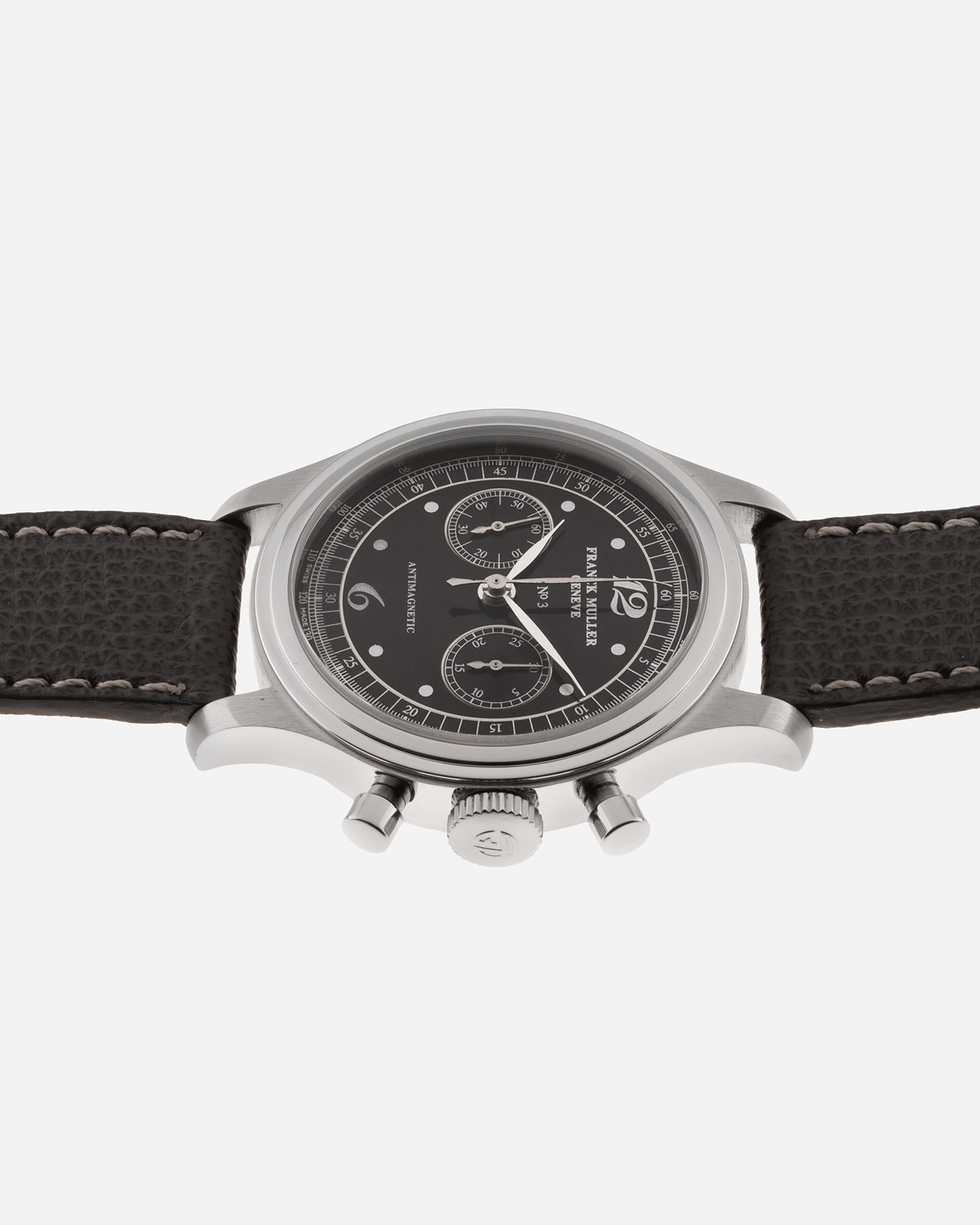 Brand: Franck Muller Year: 1990’s Model: Sport Limited Edition Chronograph Material: Stainless Steel Movement: Modified Lemania Cal. 1874 Case Diameter: 37mm Strap: Grey Analog Shift Leather Strap with Stainless Steel Buckle