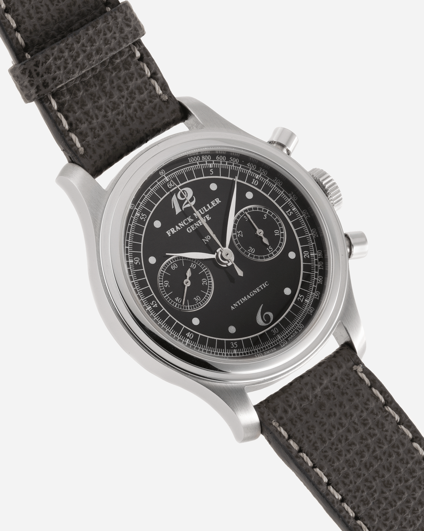 Brand: Franck Muller Year: 1990’s Model: Sport Limited Edition Chronograph Material: Stainless Steel Movement: Modified Lemania Cal. 1874 Case Diameter: 37mm Strap: Grey Analog Shift Leather Strap with Stainless Steel Buckle