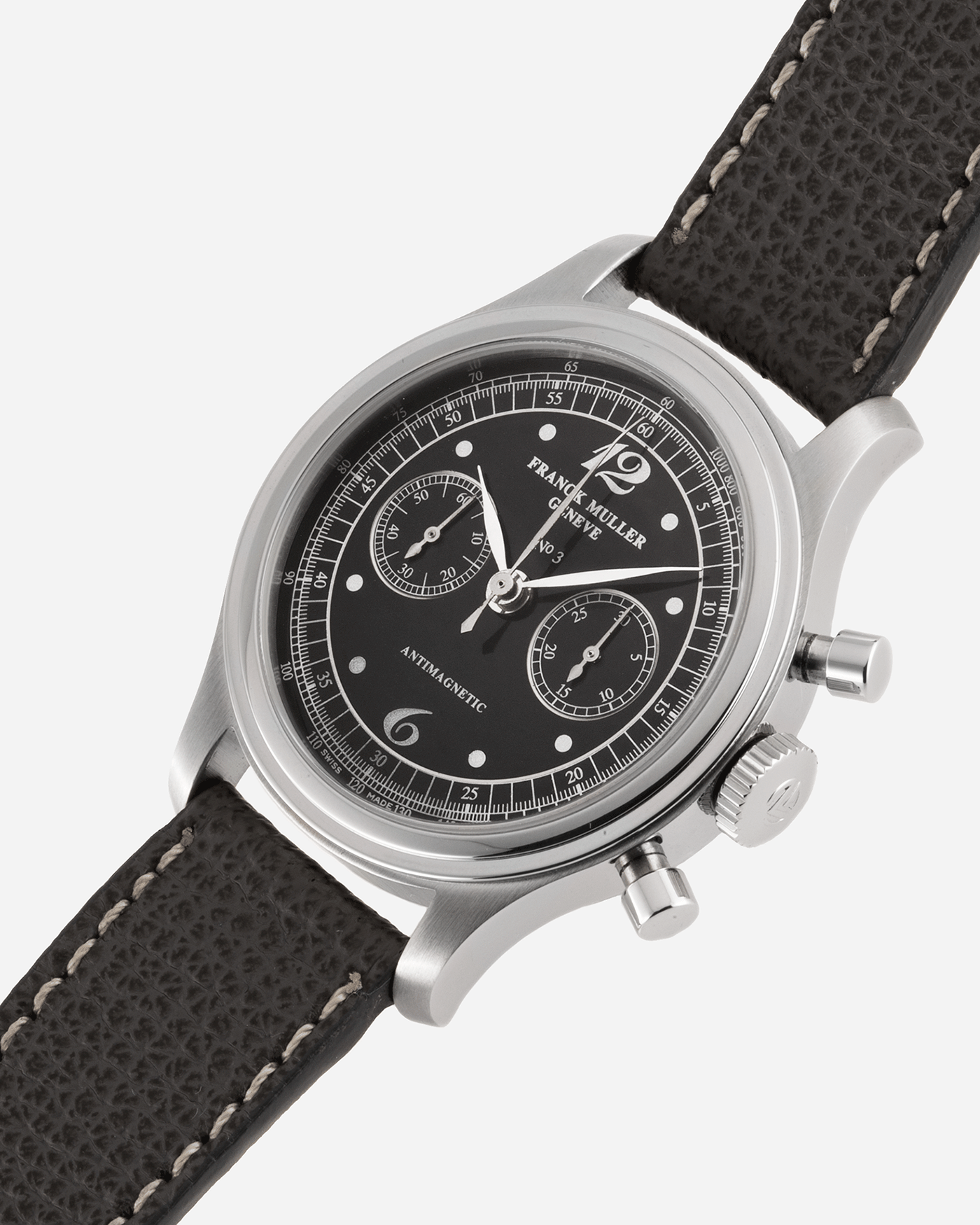Brand: Franck Muller Year: 1990’s Model: Sport Limited Edition Chronograph Material: Stainless Steel Movement: Modified Lemania Cal. 1874 Case Diameter: 37mm Strap: Grey Analog Shift Leather Strap with Stainless Steel Buckle