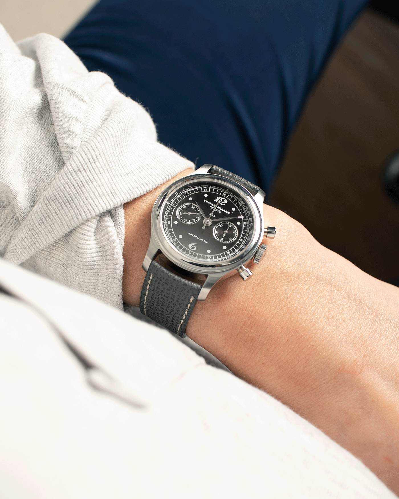 Brand: Franck Muller Year: 1990’s Model: Sport Limited Edition Chronograph Material: Stainless Steel Movement: Modified Lemania Cal. 1874 Case Diameter: 37mm Strap: Grey Analog Shift Leather Strap with Stainless Steel Buckle