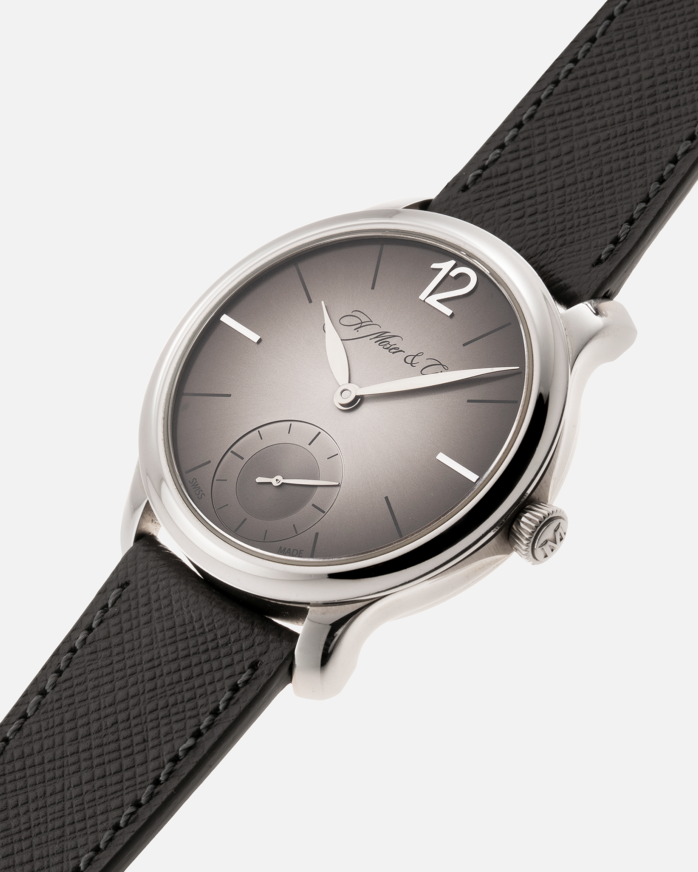 Brand: H.Moser & Cie Year: 2013 Model: Mayu  Material: Palladium Movement: Cal. HMC321.503 Case Diameter: 39mm Bracelet/Strap: Molequin Grey Textured Calf and H. Moser & Cie Black Alligator Strap with Palladium Tang Buckle
