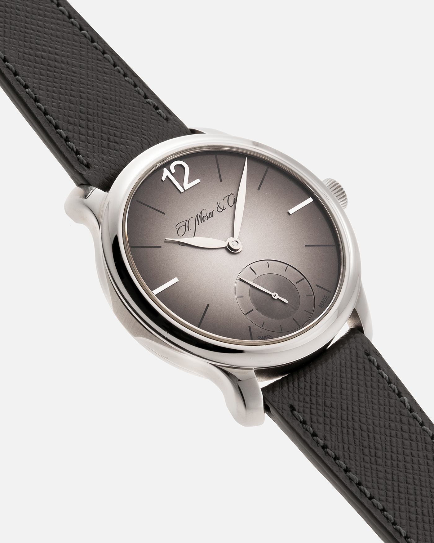 Brand: H.Moser & Cie Year: 2013 Model: Mayu  Material: Palladium Movement: Cal. HMC321.503 Case Diameter: 39mm Bracelet/Strap: Molequin Grey Textured Calf and H. Moser & Cie Black Alligator Strap with Palladium Tang Buckle