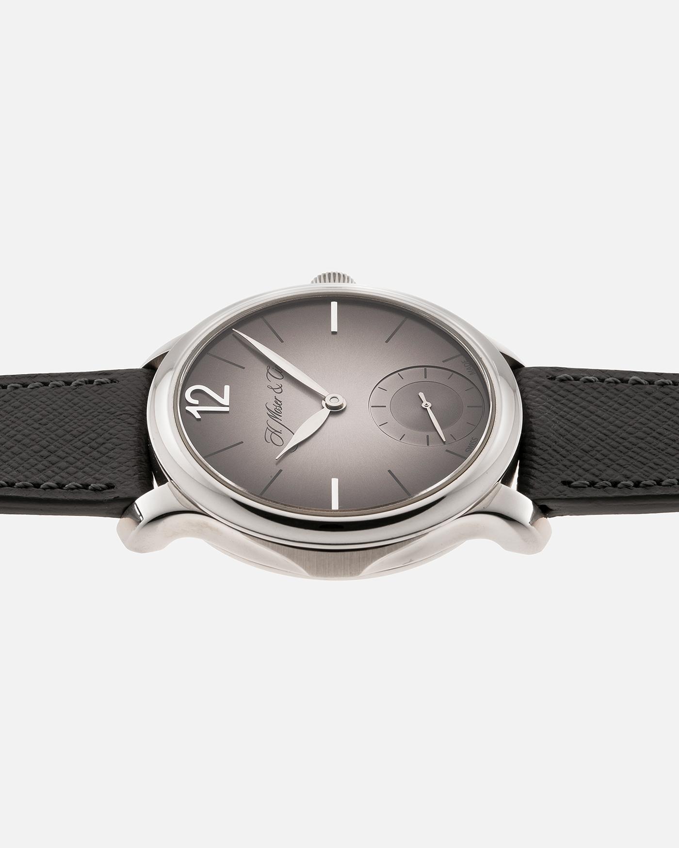 Brand: H.Moser & Cie Year: 2013 Model: Mayu  Material: Palladium Movement: Cal. HMC321.503 Case Diameter: 39mm Bracelet/Strap: Molequin Grey Textured Calf and H. Moser & Cie Black Alligator Strap with Palladium Tang Buckle