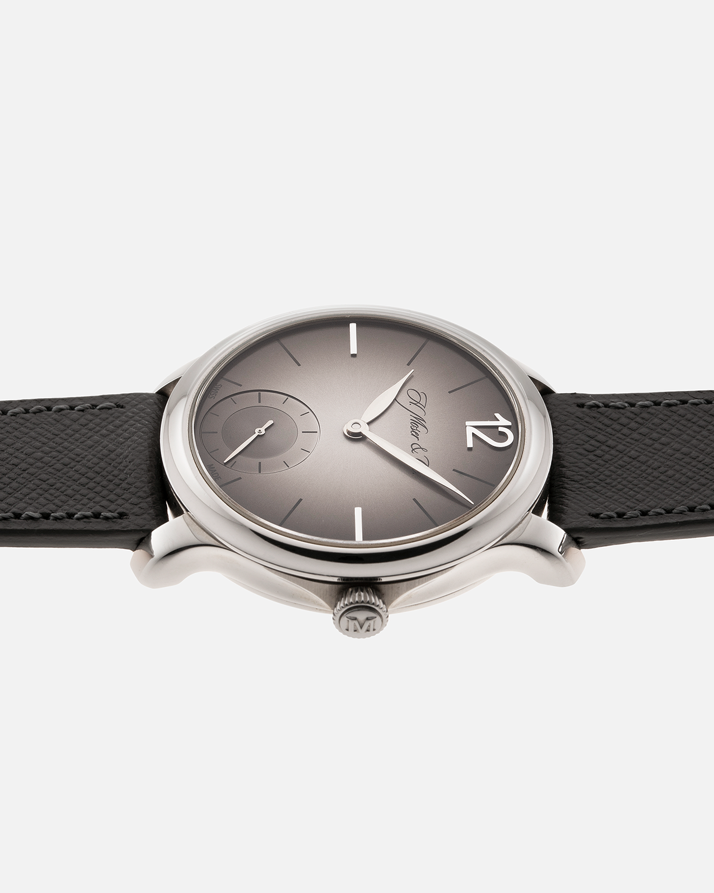 Brand: H.Moser & Cie Year: 2013 Model: Mayu  Material: Palladium Movement: Cal. HMC321.503 Case Diameter: 39mm Bracelet/Strap: Molequin Grey Textured Calf and H. Moser & Cie Black Alligator Strap with Palladium Tang Buckle