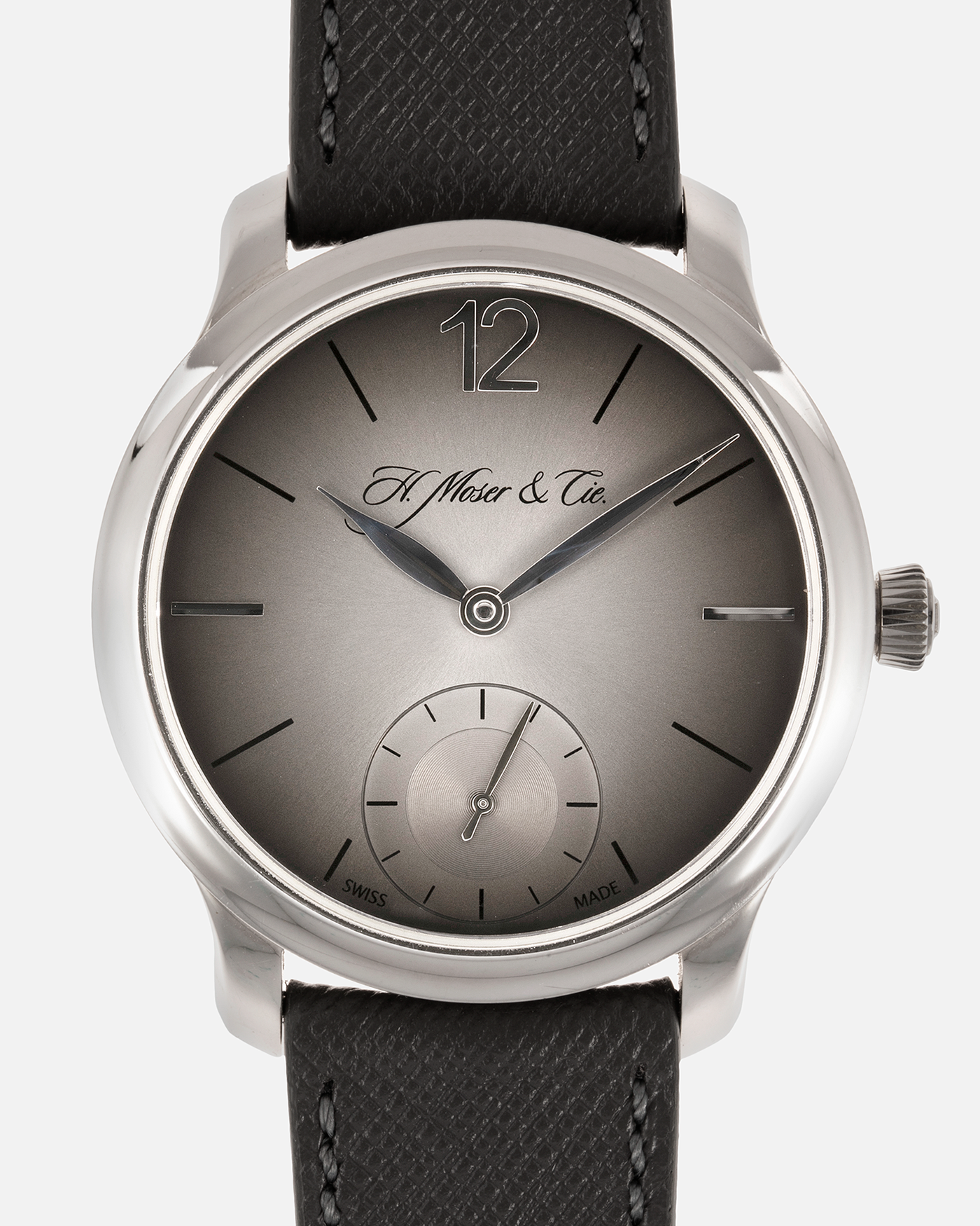 Brand: H.Moser & Cie Year: 2013 Model: Mayu  Material: Palladium Movement: Cal. HMC321.503 Case Diameter: 39mm Bracelet/Strap: Molequin Grey Textured Calf and H. Moser & Cie Black Alligator Strap with Palladium Tang Buckle