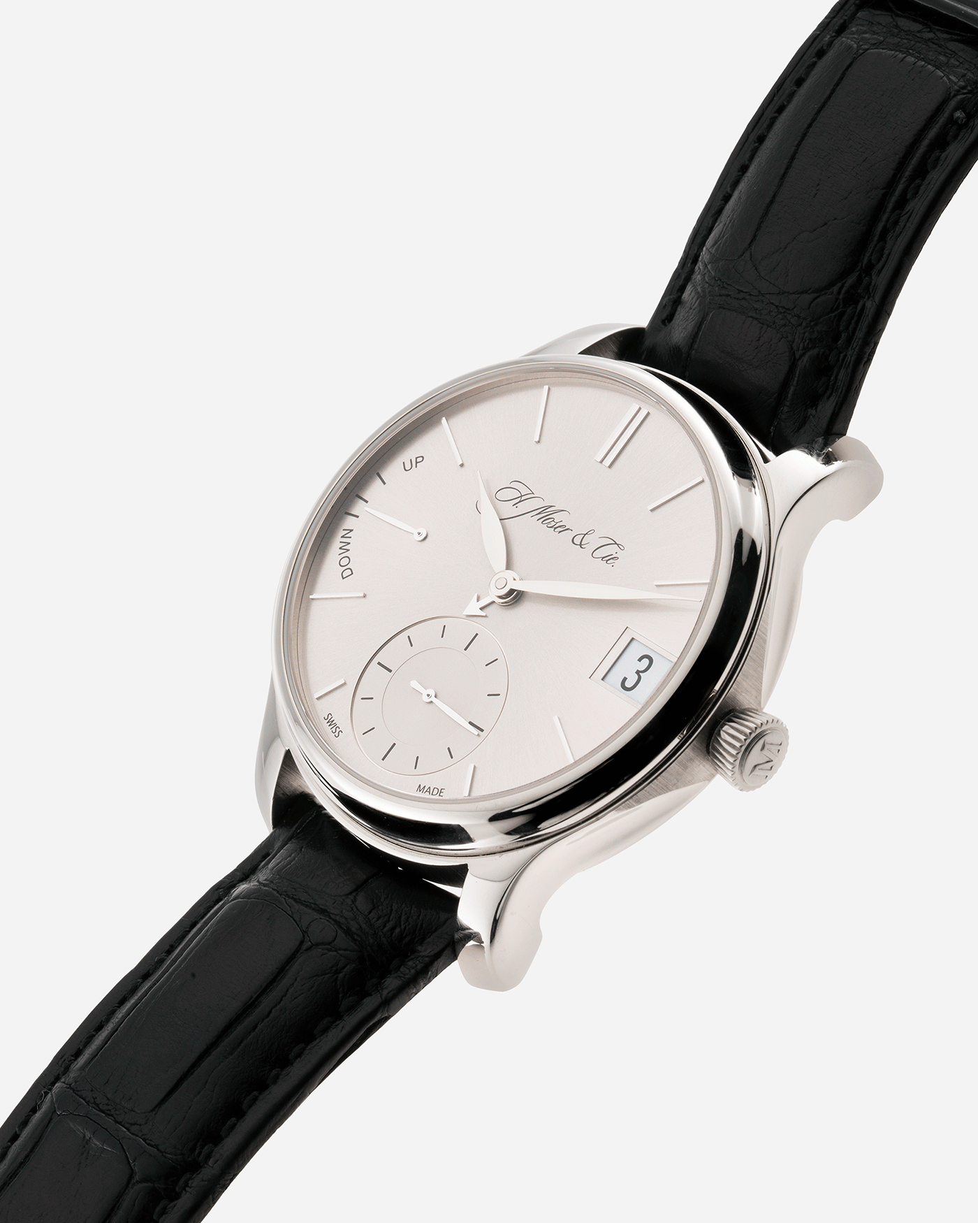 Brand: H.Moser & Cie Year: 2013 Model: Endeavour Perpetual Reference Number: 341.501-002 Material: 18k White Gold Movement: Manually wound Caliber HMC 341.501 Case Diameter: 40.8mm Bracelet/Strap: H. Moser & Cie Black Alligator Leather Strap with matching 18k White Gold Tang Buckle
