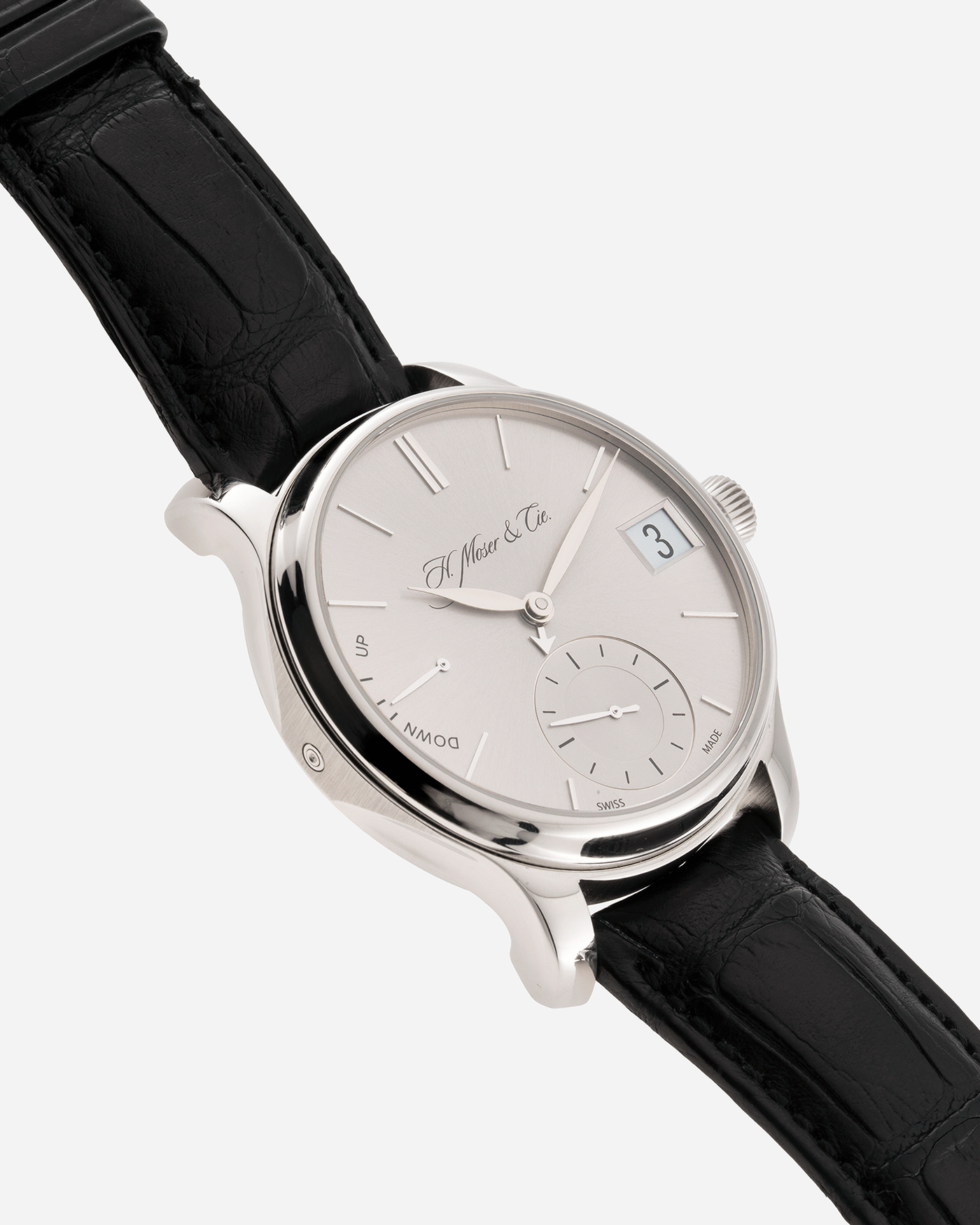 Brand: H.Moser & Cie Year: 2013 Model: Endeavour Perpetual Reference Number: 341.501-002 Material: 18k White Gold Movement: Manually wound Caliber HMC 341.501 Case Diameter: 40.8mm Bracelet/Strap: H. Moser & Cie Black Alligator Leather Strap with matching 18k White Gold Tang Buckle
