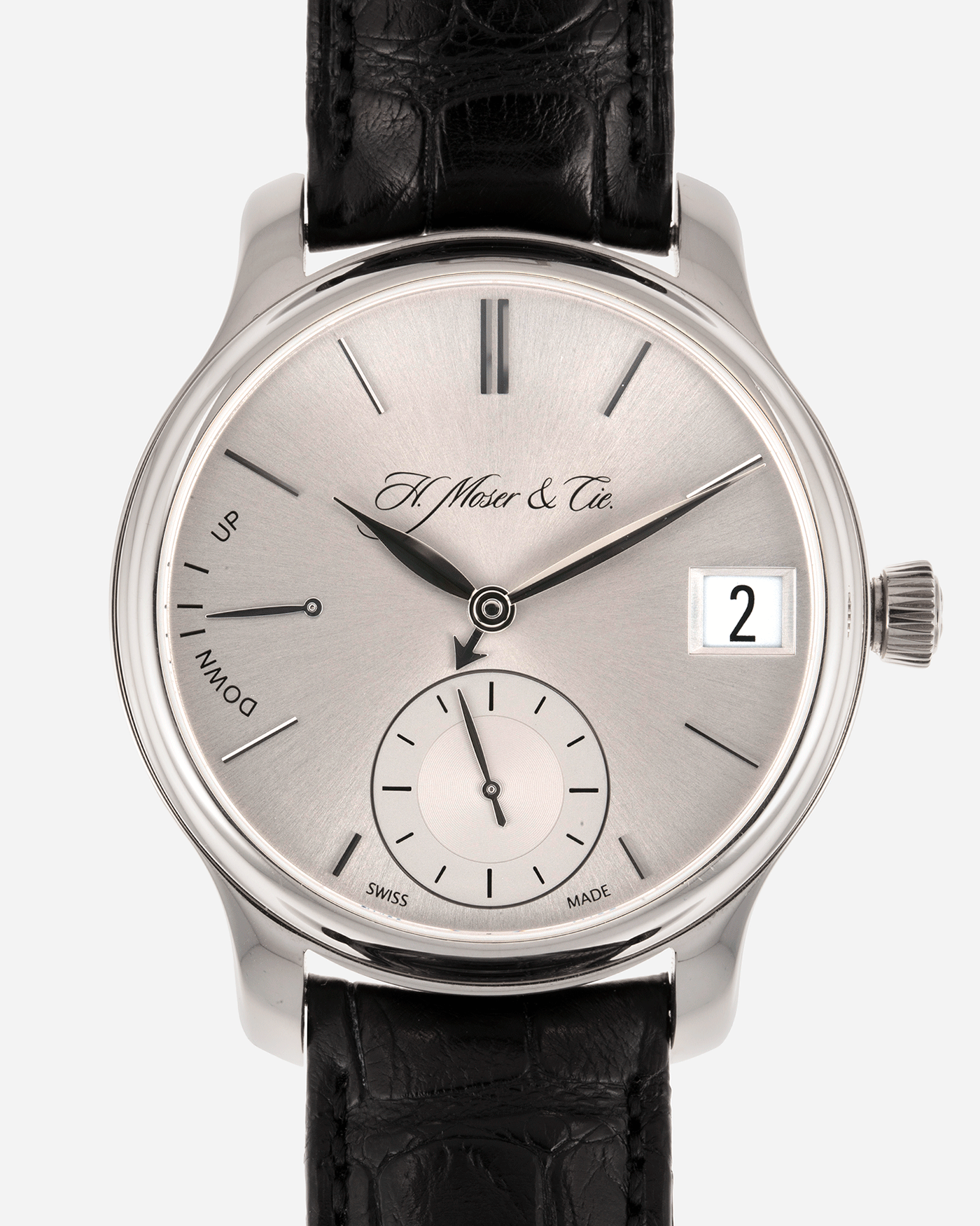 Brand: H.Moser & Cie Year: 2013 Model: Endeavour Perpetual Reference Number: 341.501-002 Material: 18k White Gold Movement: Manually wound Caliber HMC 341.501 Case Diameter: 40.8mm Bracelet/Strap: H. Moser & Cie Black Alligator Leather Strap with matching 18k White Gold Tang Buckle