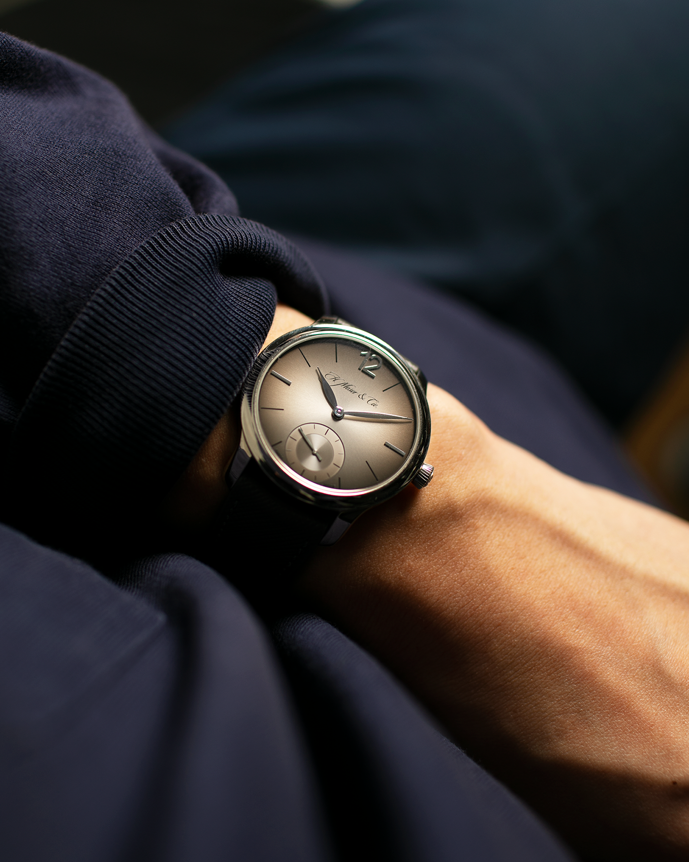 Brand: H.Moser & Cie Year: 2013 Model: Mayu  Material: Palladium Movement: Cal. HMC321.503 Case Diameter: 39mm Bracelet/Strap: Molequin Grey Textured Calf and H. Moser & Cie Black Alligator Strap with Palladium Tang Buckle