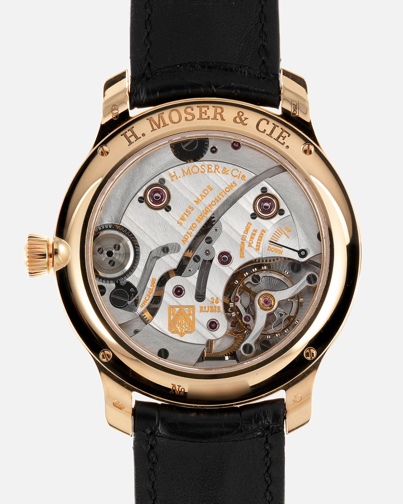 Brand: H. Moser & Cie Year: 2010's Model: Endeavour Monard Central Seconds Reference Number: 343.505-017 Material: 18k Rose Gold Movement: Manually wound Caliber HMC 343.505 Case Diameter: 40.8mm Bracelet/Strap: H. Moser & Cie Black Alligator Leather Strap with matching 18-carat Rose Gold Signed Tang Buckle