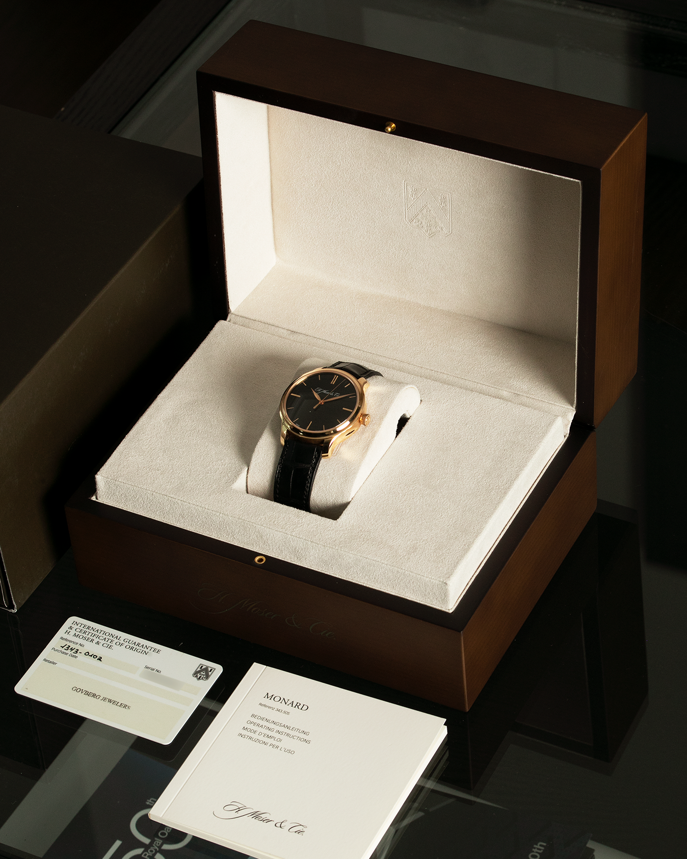 Brand: H. Moser & Cie Year: 2010's Model: Endeavour Monard Central Seconds Reference Number: 343.505-017 Material: 18k Rose Gold Movement: Manually wound Caliber HMC 343.505 Case Diameter: 40.8mm Bracelet/Strap: H. Moser & Cie Black Alligator Leather Strap with matching 18-carat Rose Gold Signed Tang Buckle