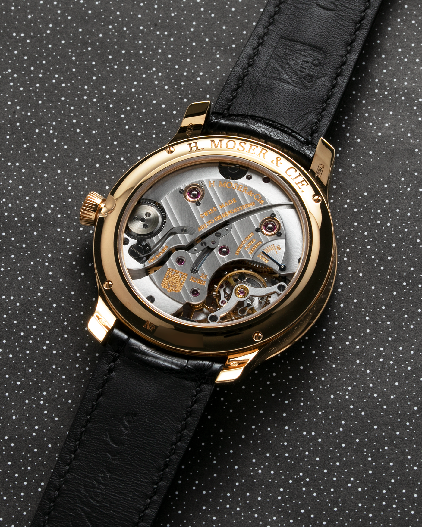 Brand: H. Moser & Cie Year: 2010's Model: Endeavour Monard Central Seconds Reference Number: 343.505-017 Material: 18k Rose Gold Movement: Manually wound Caliber HMC 343.505 Case Diameter: 40.8mm Bracelet/Strap: H. Moser & Cie Black Alligator Leather Strap with matching 18-carat Rose Gold Signed Tang Buckle