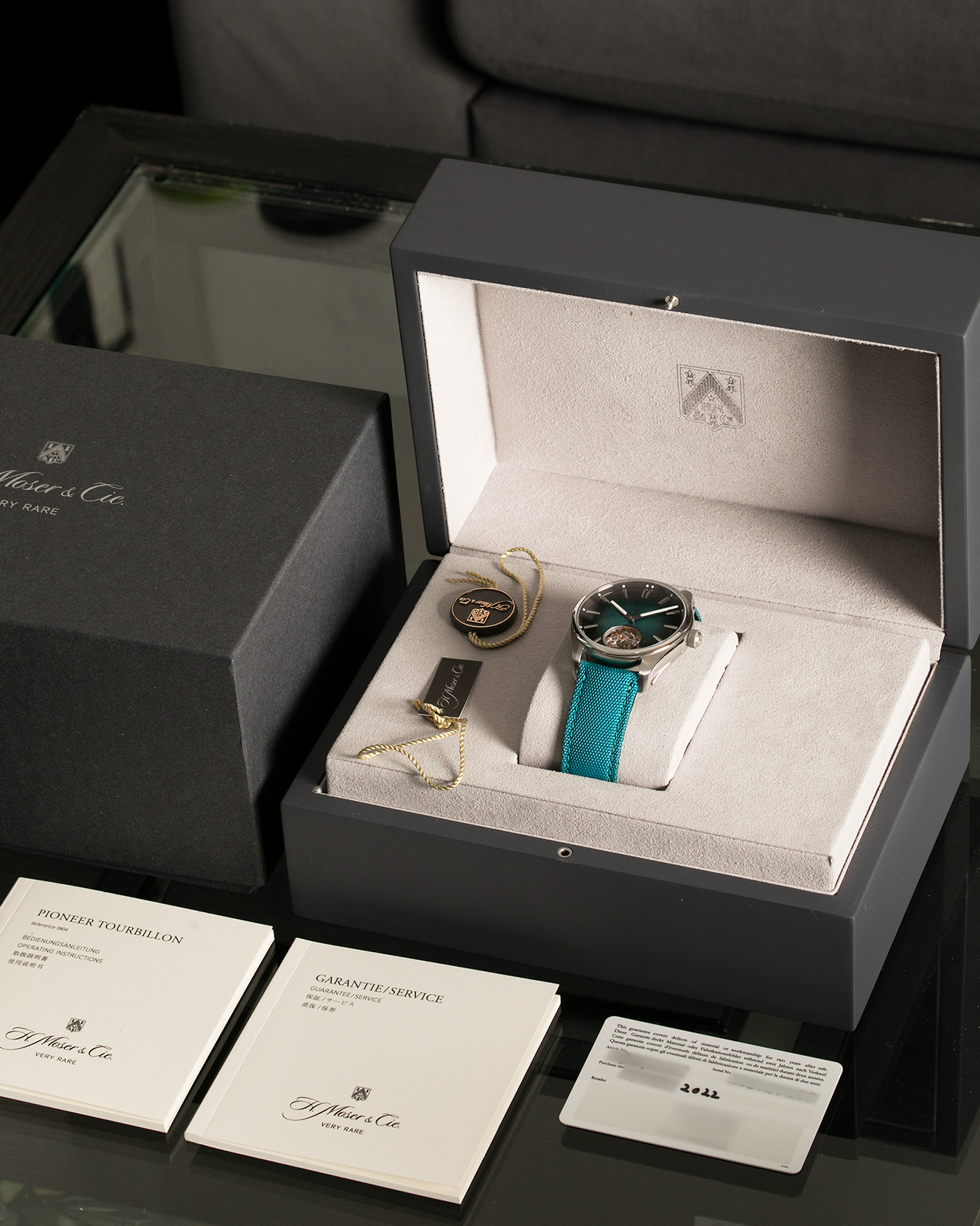Brand: H.Moser & Cie Year: 2022 Model: Pioneer Tourbillon Material: Stainless Steel Movement: Cal. HMC 804 Case Diameter: 42.8mm Bracelet/Strap: H. Moser & Cie Blue Textile Strap with Stainless Steel Tang Buckle