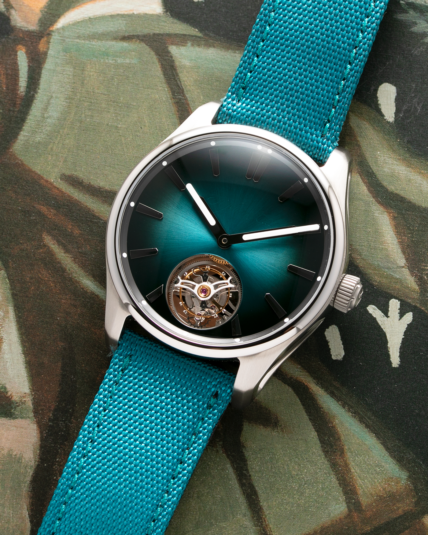Brand: H.Moser & Cie Year: 2022 Model: Pioneer Tourbillon Material: Stainless Steel Movement: Cal. HMC 804 Case Diameter: 42.8mm Bracelet/Strap: H. Moser & Cie Blue Textile Strap with Stainless Steel Tang Buckle