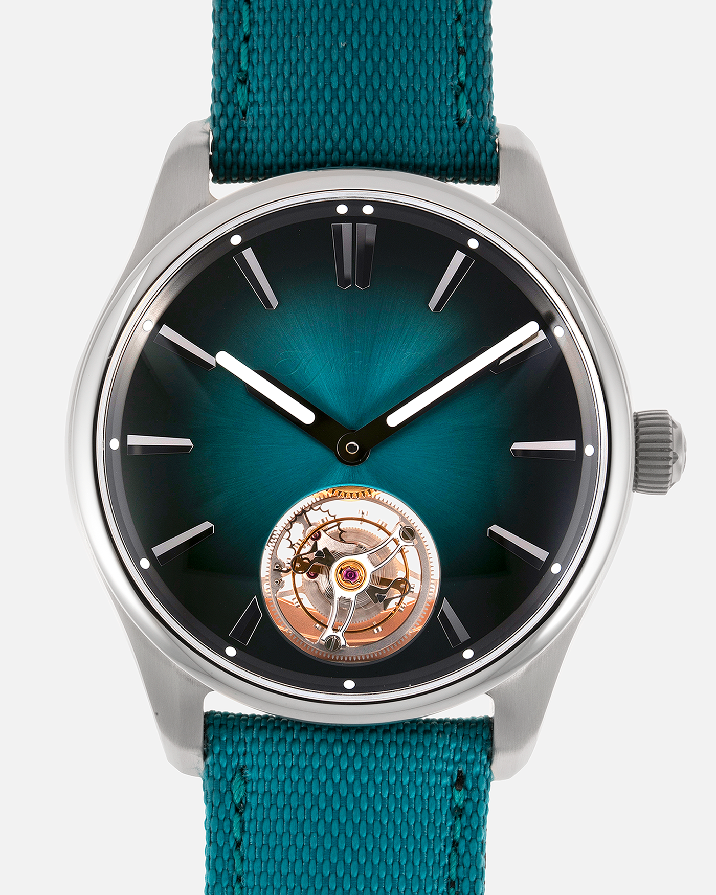 Brand: H.Moser & Cie Year: 2022 Model: Pioneer Tourbillon Material: Stainless Steel Movement: Cal. HMC 804 Case Diameter: 42.8mm Bracelet/Strap: H. Moser & Cie Blue Textile Strap with Stainless Steel Tang Buckle