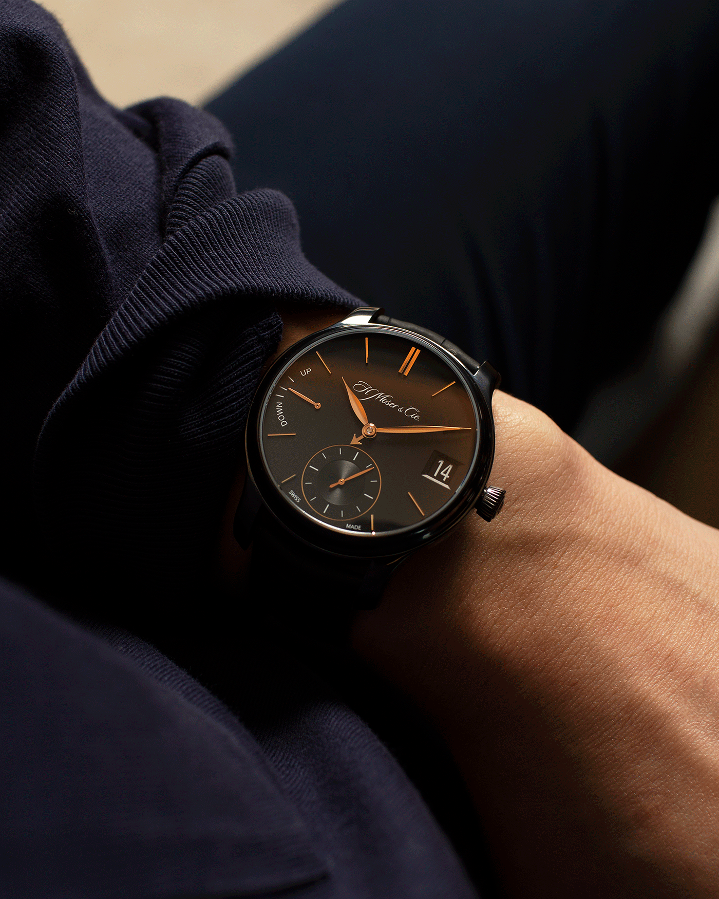 Brand: H.Moser & Cie Year: 2020 Model: Endeavour Perpetual Black Edition Reference Number: 341.050-020 Material: DLC Treated Titanium Movement: Manually wound Caliber HMC 341 Case Diameter: 40.8mm Bracelet/Strap: H. Moser & Cie Black Alligator Leather Strap with matching DLC Coated Titanium Tang Buckle