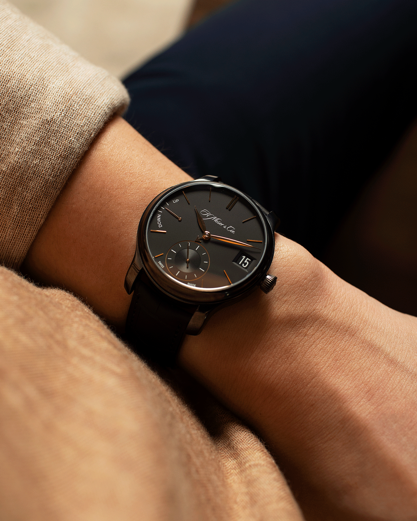 Brand: H.Moser & Cie Year: 2020 Model: Endeavour Perpetual Black Edition Reference Number: 341.050-020 Material: DLC Treated Titanium Movement: Manually wound Caliber HMC 341 Case Diameter: 40.8mm Bracelet/Strap: H. Moser & Cie Black Alligator Leather Strap with matching DLC Coated Titanium Tang Buckle