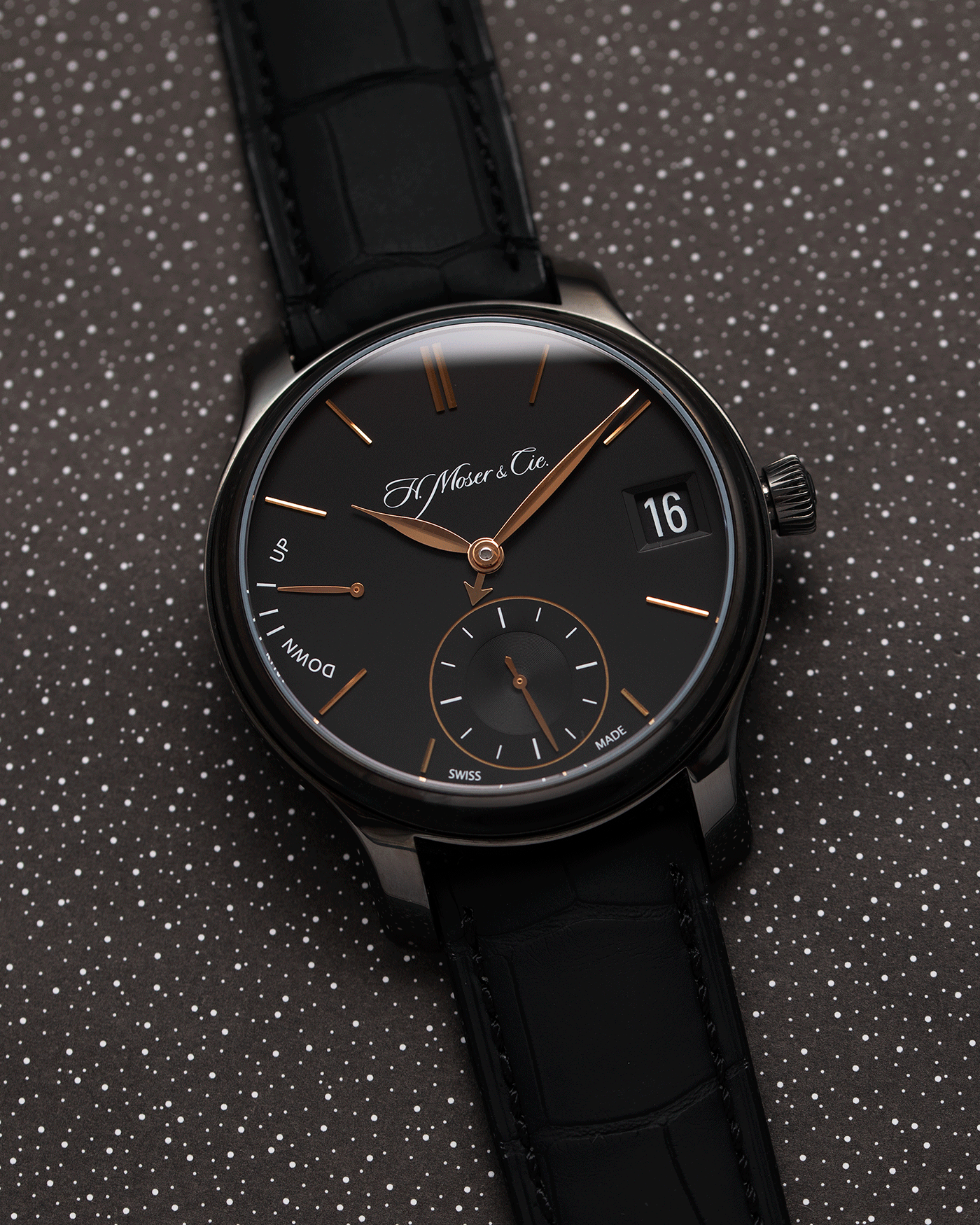 Brand: H.Moser & Cie Year: 2020 Model: Endeavour Perpetual Black Edition Reference Number: 341.050-020 Material: DLC Treated Titanium Movement: Manually wound Caliber HMC 341 Case Diameter: 40.8mm Bracelet/Strap: H. Moser & Cie Black Alligator Leather Strap with matching DLC Coated Titanium Tang Buckle