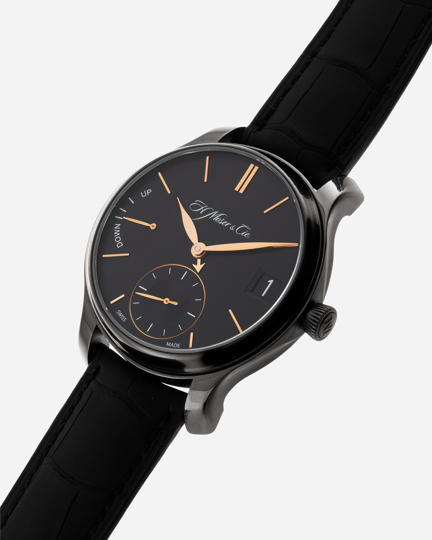 Brand: H.Moser & Cie Year: 2020 Model: Endeavour Perpetual Black Edition Reference Number: 341.050-020 Material: DLC Treated Titanium Movement: Manually wound Caliber HMC 341 Case Diameter: 40.8mm Bracelet/Strap: H. Moser & Cie Black Alligator Leather Strap with matching DLC Coated Titanium Tang Buckle