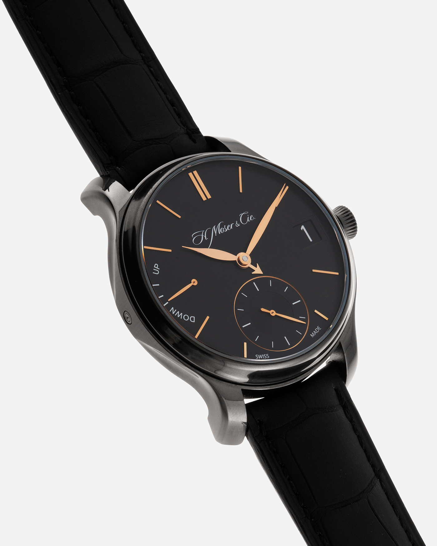 Brand: H.Moser & Cie Year: 2020 Model: Endeavour Perpetual Black Edition Reference Number: 341.050-020 Material: DLC Treated Titanium Movement: Manually wound Caliber HMC 341 Case Diameter: 40.8mm Bracelet/Strap: H. Moser & Cie Black Alligator Leather Strap with matching DLC Coated Titanium Tang Buckle