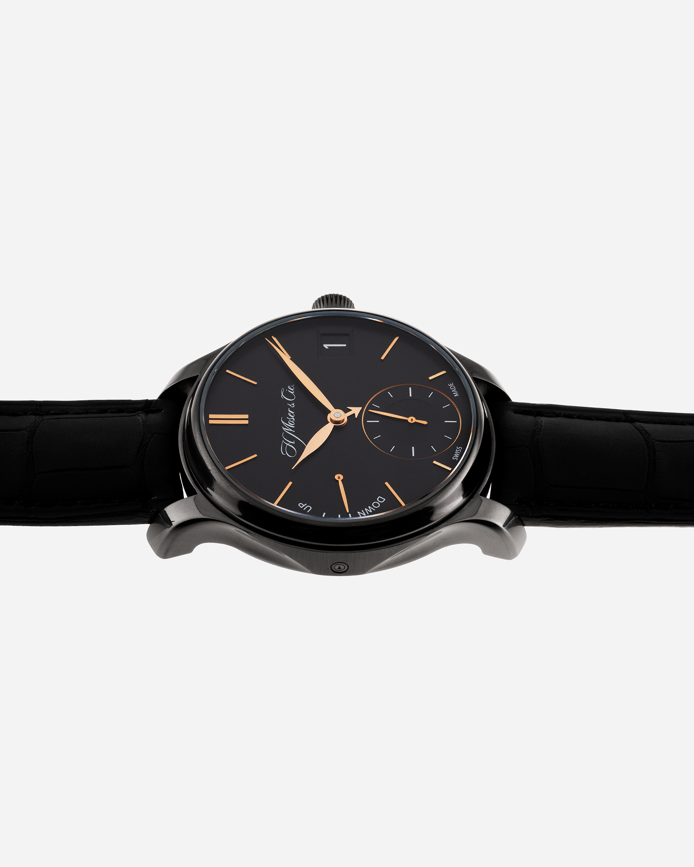 Brand: H.Moser & Cie Year: 2020 Model: Endeavour Perpetual Black Edition Reference Number: 341.050-020 Material: DLC Treated Titanium Movement: Manually wound Caliber HMC 341 Case Diameter: 40.8mm Bracelet/Strap: H. Moser & Cie Black Alligator Leather Strap with matching DLC Coated Titanium Tang Buckle