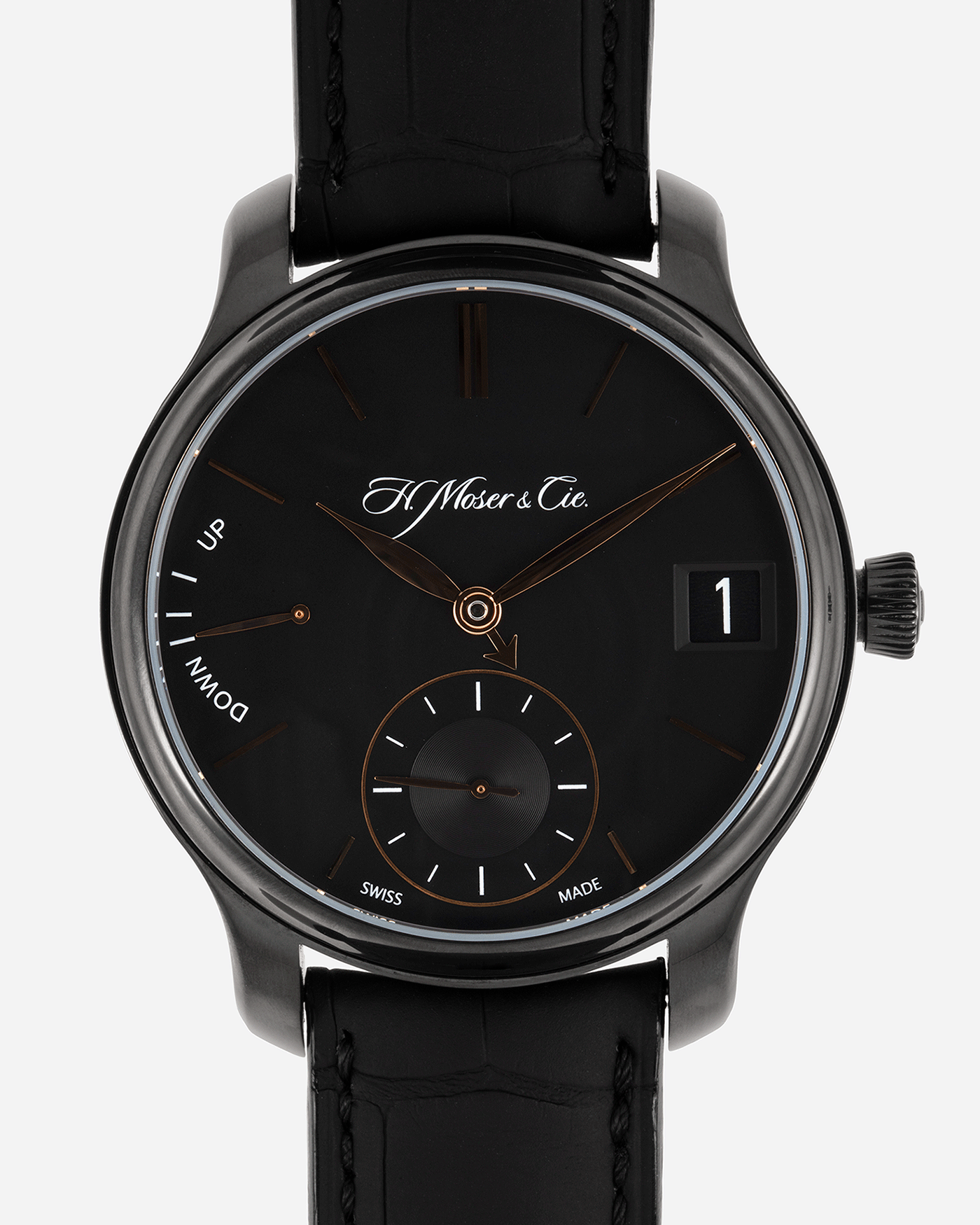 Brand: H.Moser & Cie Year: 2020 Model: Endeavour Perpetual Black Edition Reference Number: 341.050-020 Material: DLC Treated Titanium Movement: Manually wound Caliber HMC 341 Case Diameter: 40.8mm Bracelet/Strap: H. Moser & Cie Black Alligator Leather Strap with matching DLC Coated Titanium Tang Buckle