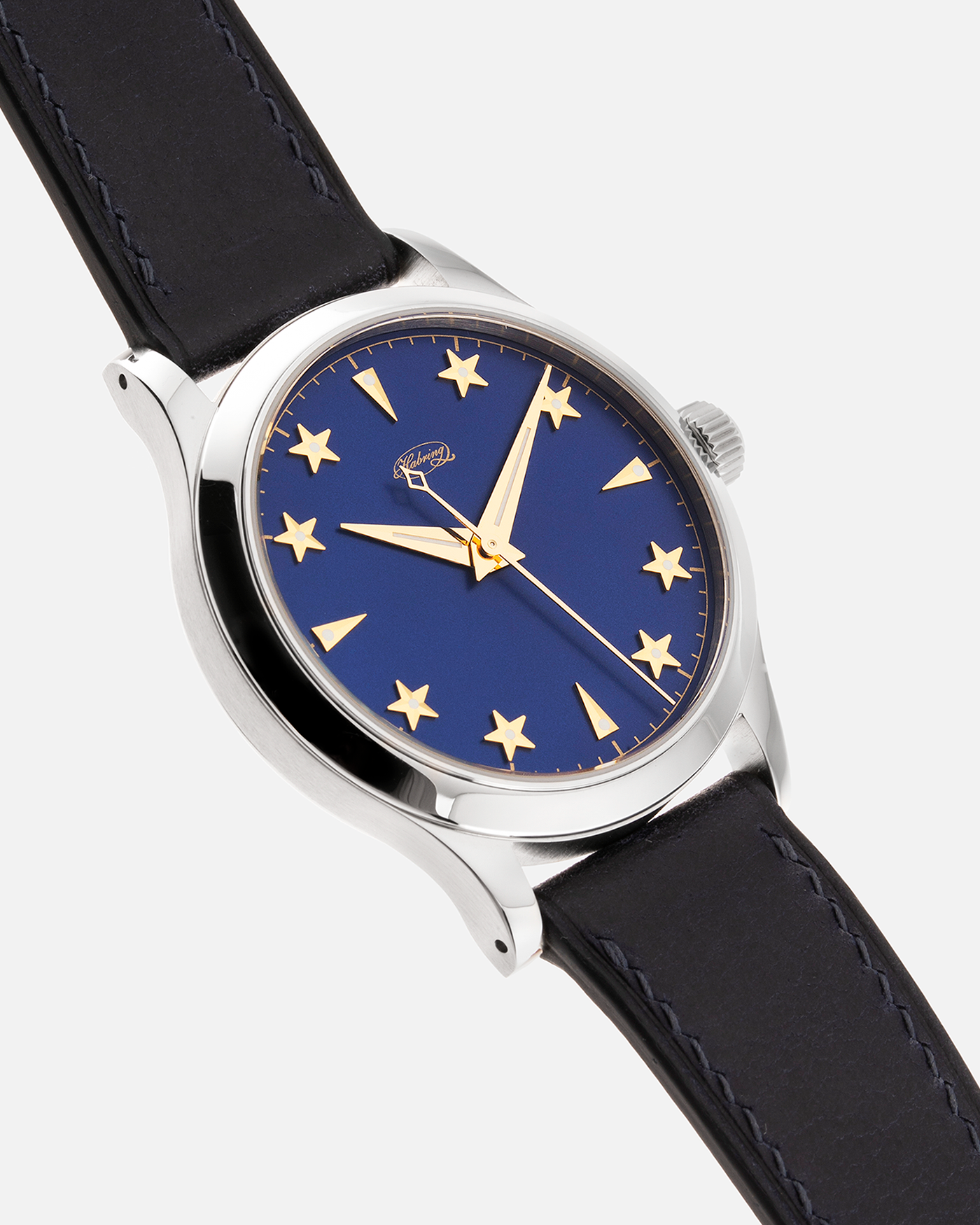 Brand: Habring2 X SJX Model: Erwin Star SJX Year: 2021 Material: Stainless Steel  Movement: Cal. A11s Case Diameter: 38.5mm Lug Width: 20mm Bracelet/Strap: Habring Blue Calf Strap and Stainless Steel Tang Buckle