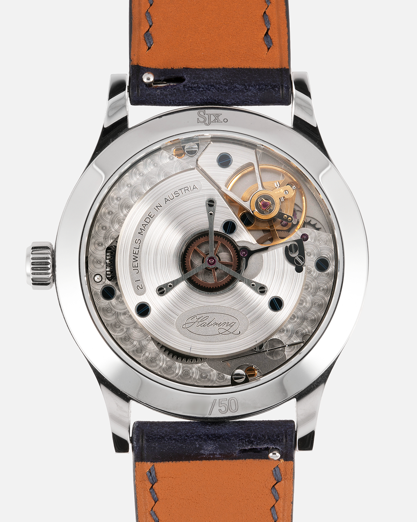 Brand: Habring2 X SJX Model: Erwin Star SJX Year: 2021 Material: Stainless Steel  Movement: Cal. A11s Case Diameter: 38.5mm Lug Width: 20mm Bracelet/Strap: Habring Blue Calf Strap and Stainless Steel Tang Buckle