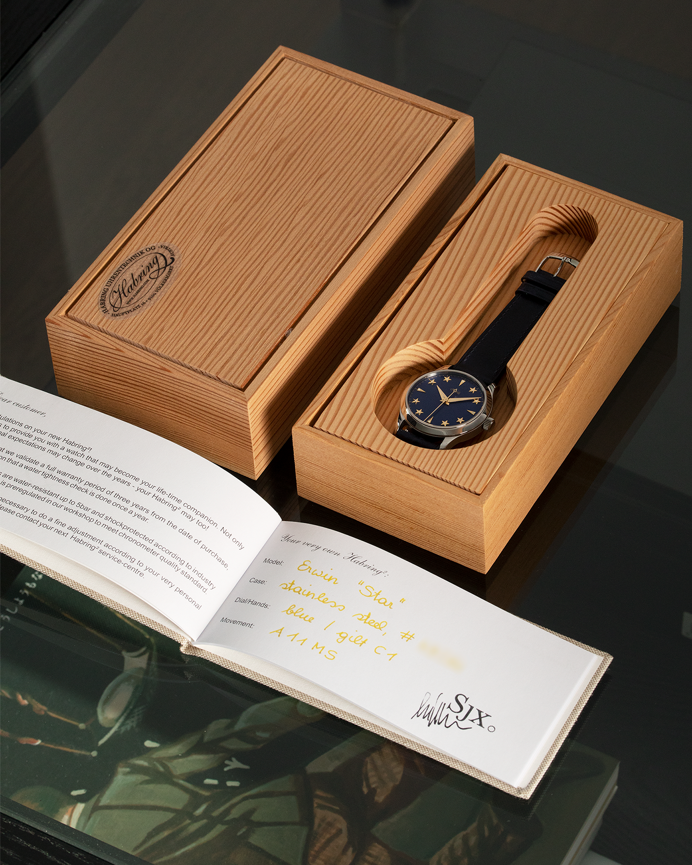 Brand: Habring2 X SJX Model: Erwin Star SJX Year: 2021 Material: Stainless Steel  Movement: Cal. A11s Case Diameter: 38.5mm Lug Width: 20mm Bracelet/Strap: Habring Blue Calf Strap and Stainless Steel Tang Buckle