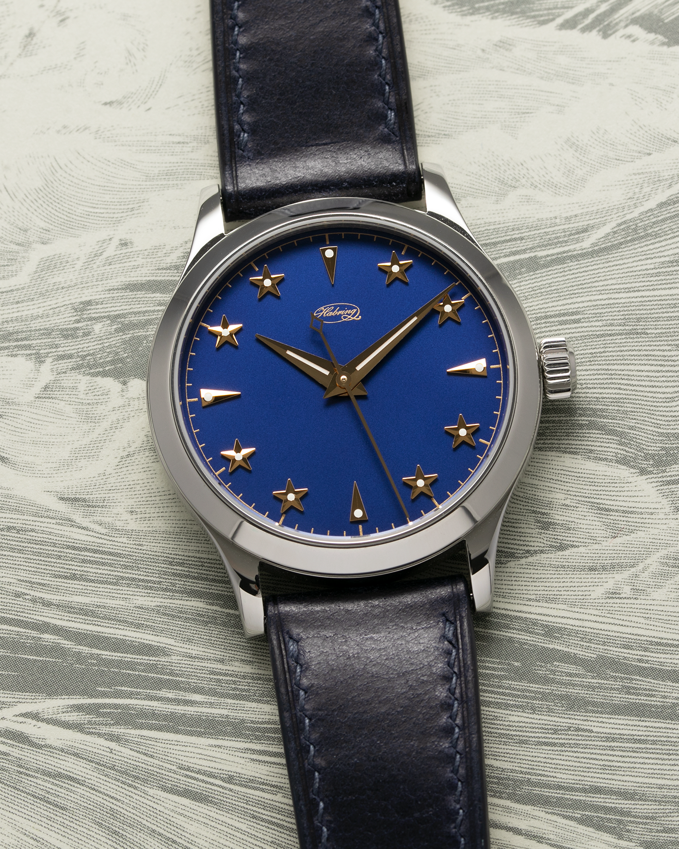 Brand: Habring2 X SJX Model: Erwin Star SJX Year: 2021 Material: Stainless Steel  Movement: Cal. A11s Case Diameter: 38.5mm Lug Width: 20mm Bracelet/Strap: Habring Blue Calf Strap and Stainless Steel Tang Buckle