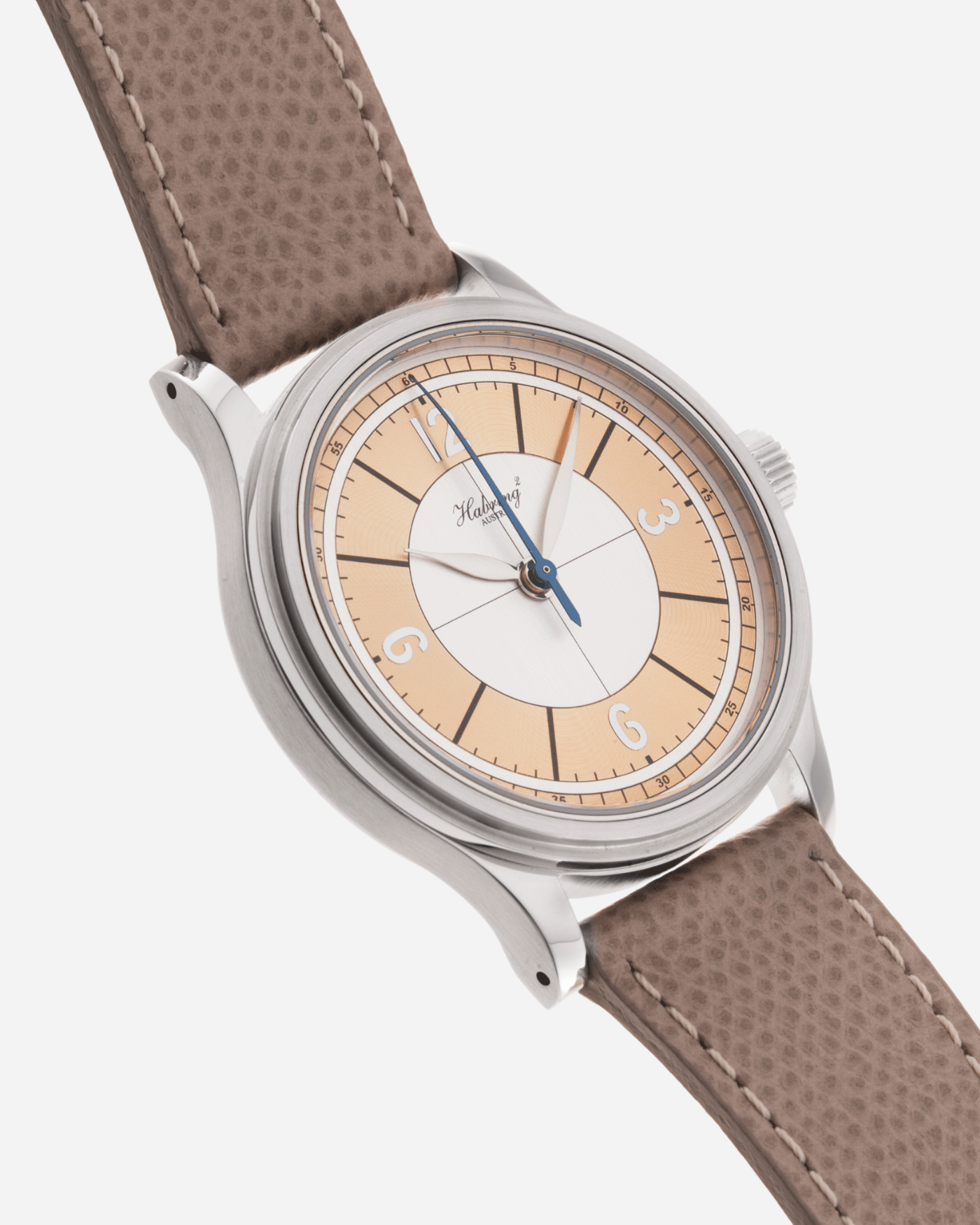 Brand: Habring / Massena Lab Model: Erwin02 Year: 2020 Material: Stainless Steel Movement: Cal. A11s Case Diameter: 38.5mm Lug Width: 20mm Bracelet/Strap: Habring Taupe Calf Strap and Stainless Steel Tang Buckle