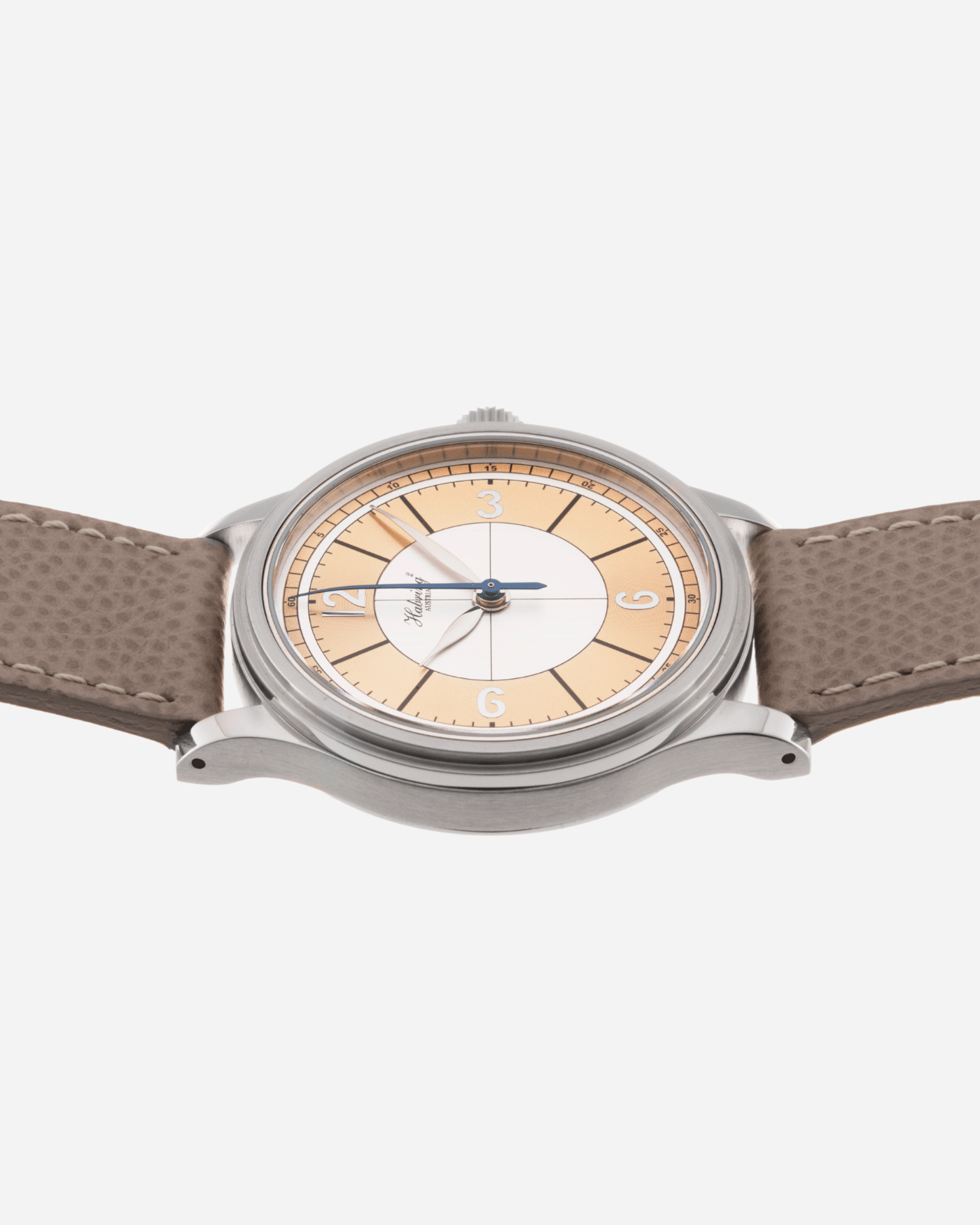 Brand: Habring / Massena Lab Model: Erwin02 Year: 2020 Material: Stainless Steel Movement: Cal. A11s Case Diameter: 38.5mm Lug Width: 20mm Bracelet/Strap: Habring Taupe Calf Strap and Stainless Steel Tang Buckle