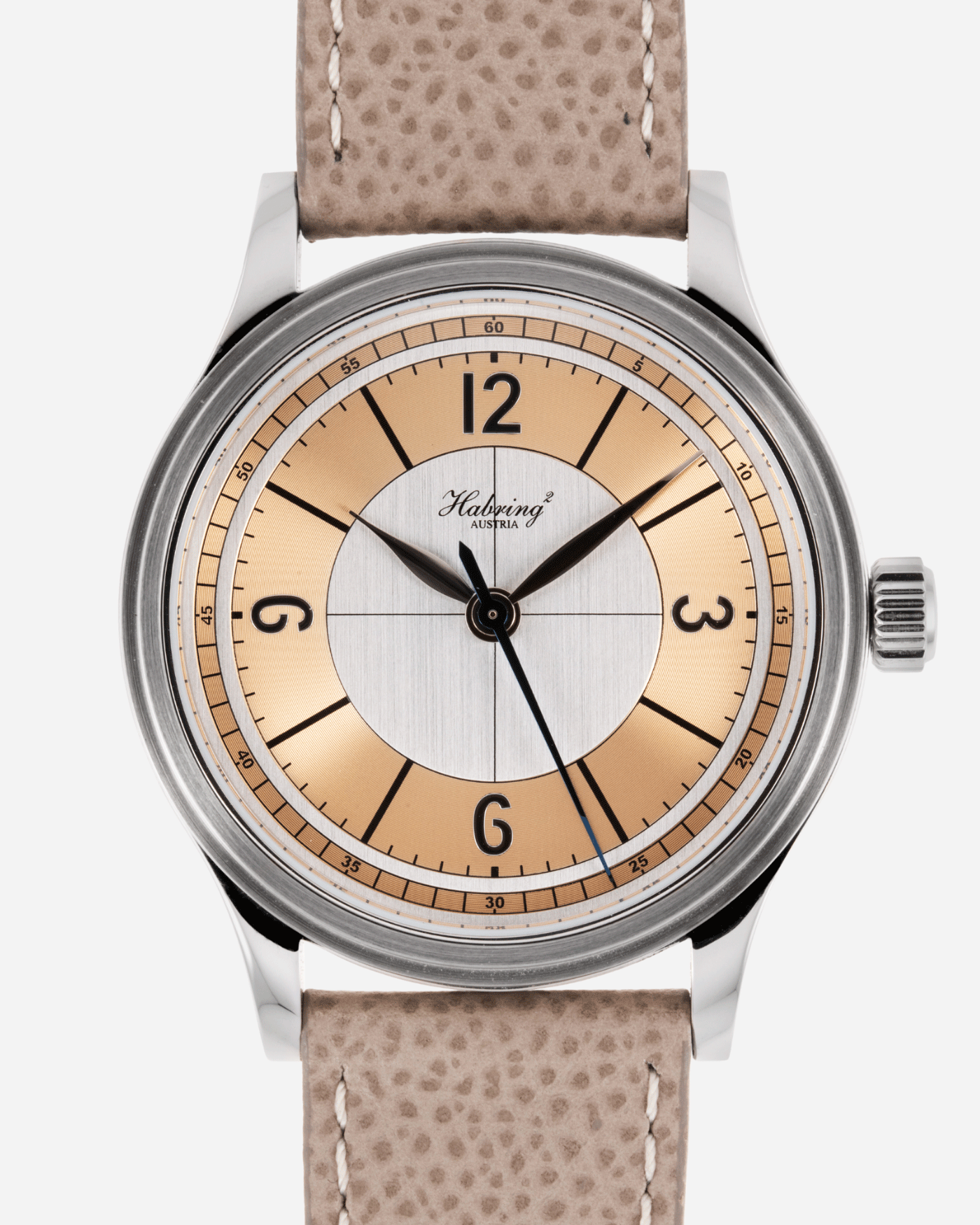 Brand: Habring / Massena Lab Model: Erwin02 Year: 2020 Material: Stainless Steel Movement: Cal. A11s Case Diameter: 38.5mm Lug Width: 20mm Bracelet/Strap: Habring Taupe Calf Strap and Stainless Steel Tang Buckle