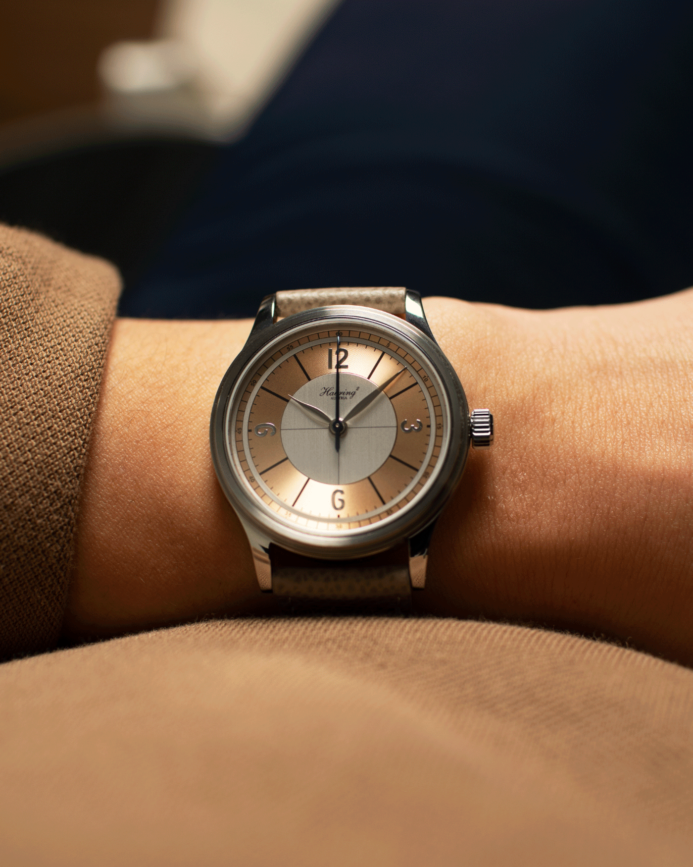 Brand: Habring / Massena Lab Model: Erwin02 Year: 2020 Material: Stainless Steel Movement: Cal. A11s Case Diameter: 38.5mm Lug Width: 20mm Bracelet/Strap: Habring Taupe Calf Strap and Stainless Steel Tang Buckle