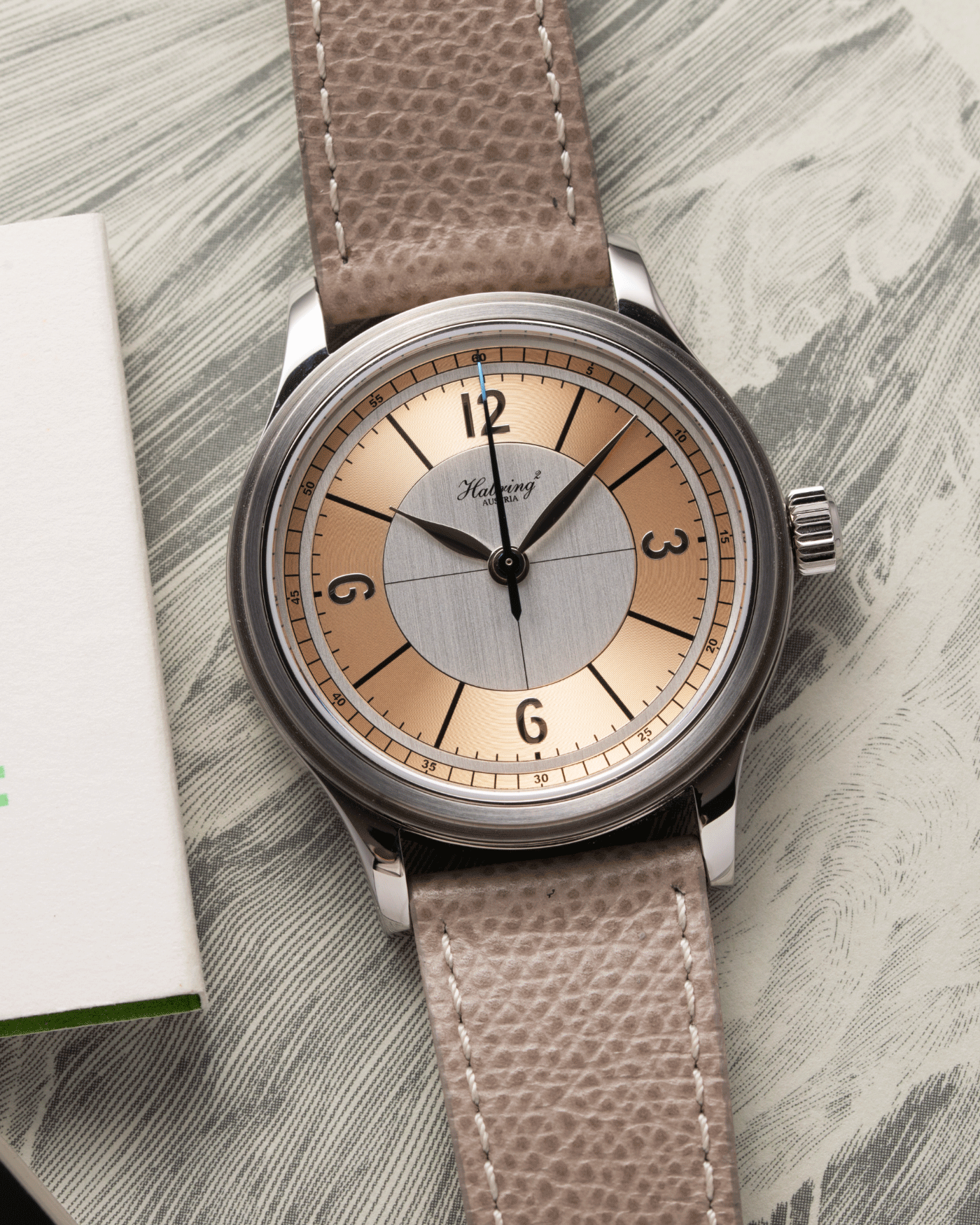 Brand: Habring / Massena Lab Model: Erwin02 Year: 2020 Material: Stainless Steel Movement: Cal. A11s Case Diameter: 38.5mm Lug Width: 20mm Bracelet/Strap: Habring Taupe Calf Strap and Stainless Steel Tang Buckle
