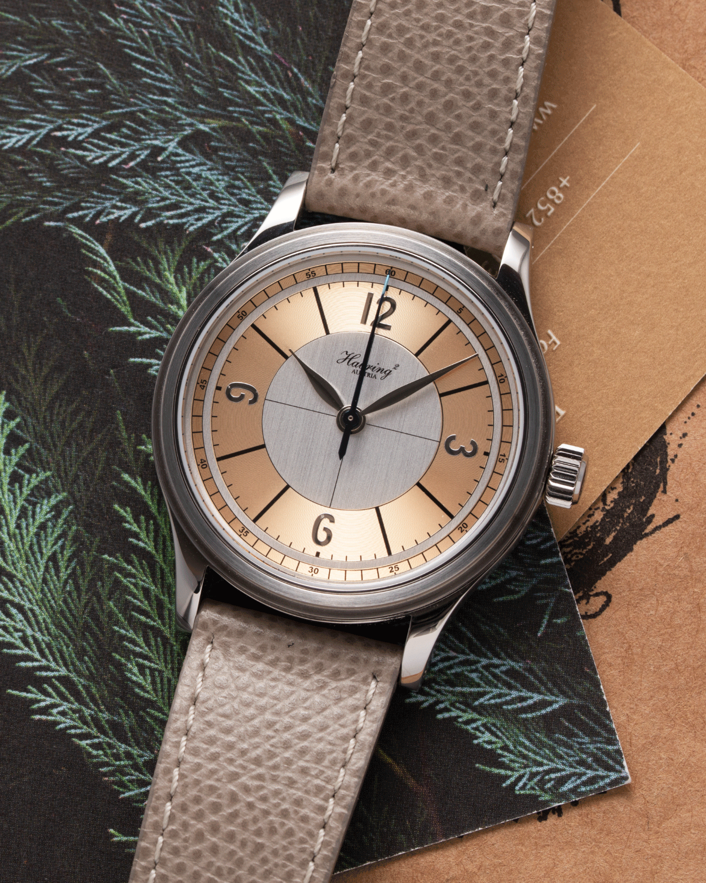 Brand: Habring / Massena Lab Model: Erwin02 Year: 2020 Material: Stainless Steel Movement: Cal. A11s Case Diameter: 38.5mm Lug Width: 20mm Bracelet/Strap: Habring Taupe Calf Strap and Stainless Steel Tang Buckle