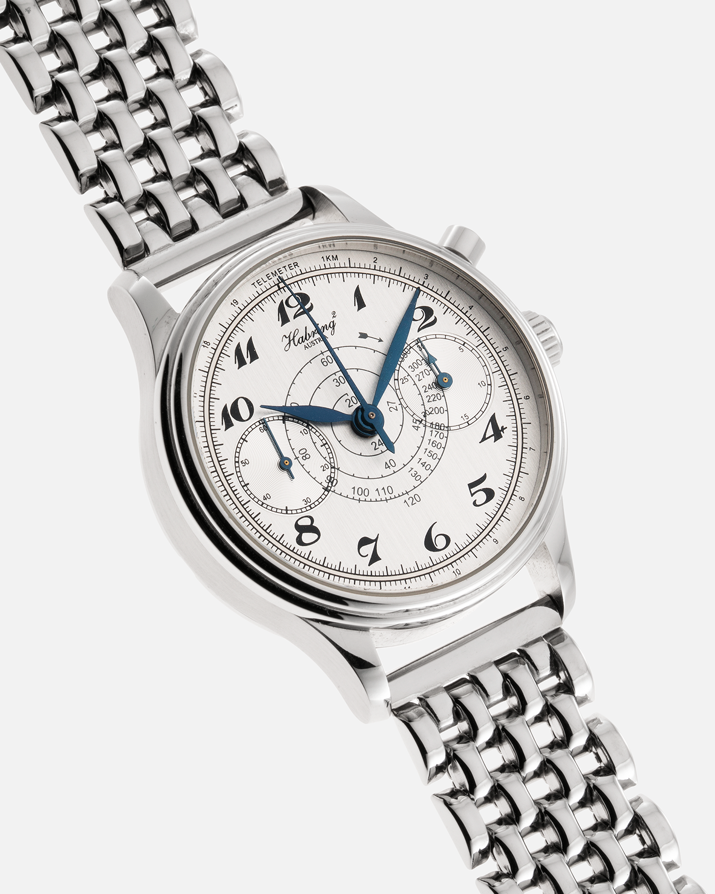 Brand: Habring² Year: 2017 Model: Monopusher Shellman Japan Edition Material: Stainless Steel Movement: Cal. A08-MONO, Manual Winding Case Diameter: 36mm Strap: Mr. Beads Stainless Steel ‘Beads of Rice’ Bracelet