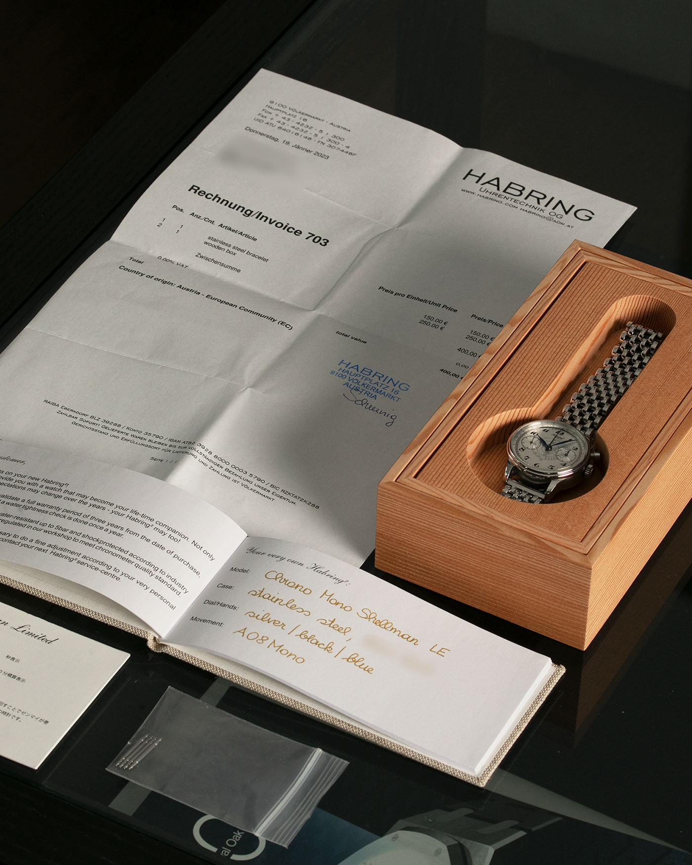 Brand: Habring² Year: 2017 Model: Monopusher Shellman Japan Edition Material: Stainless Steel Movement: Cal. A08-MONO, Manual Winding Case Diameter: 36mm Strap: Mr. Beads Stainless Steel ‘Beads of Rice’ Bracelet